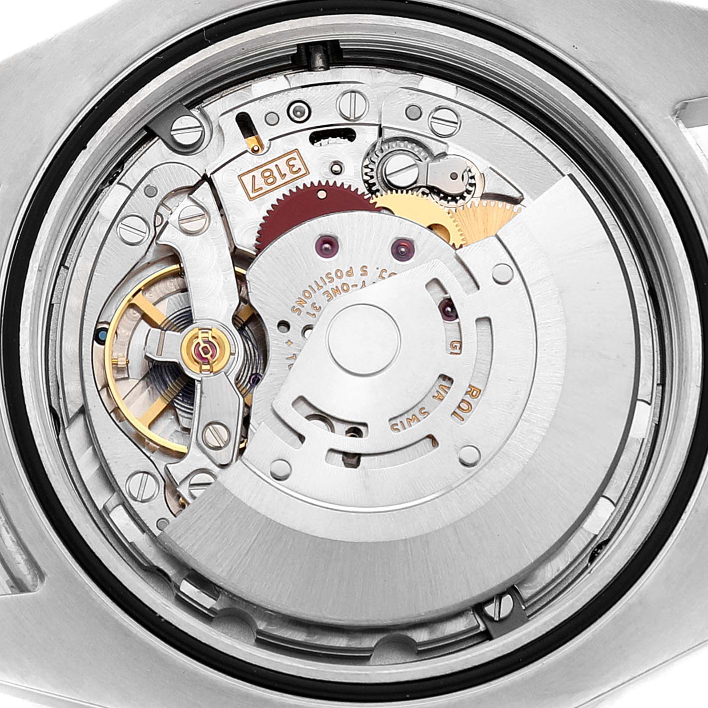 This image shows a close-up view of the internal mechanics of the Rolex Explorer 216570 Men's Stainless Steel White Dial 216570 Men's Stainless Steel White Dial watch model from a top-down angle.