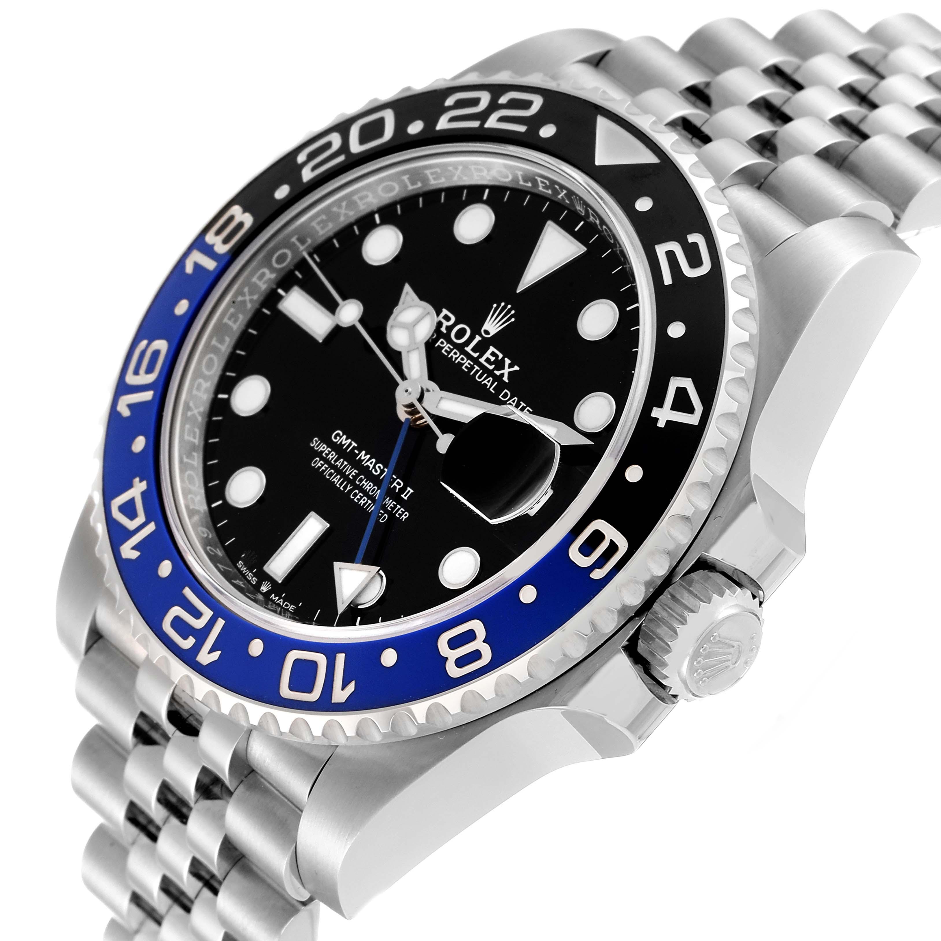 The image shows a side angle of a Rolex GMT-Master 126710 Men
s Stainless Steel Black Dial 126710 Men
s Stainless Steel Black Dial watch, highlighting its black and blue bezel, crown, dial, and bracelet.