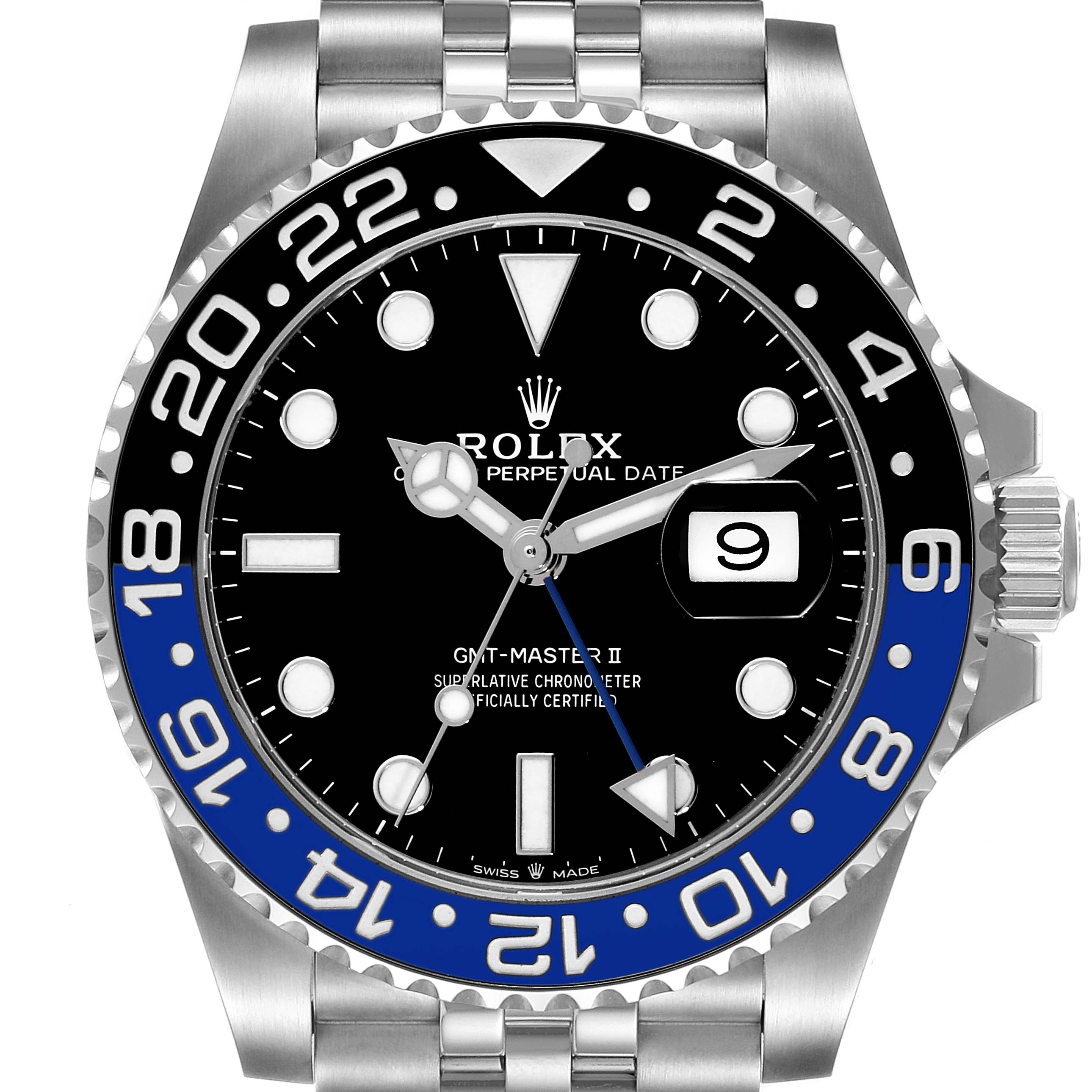 This image shows a head-on view of the dial, bezel, and part of the bracelet of the Rolex GMT-Master 126710 Men
s Stainless Steel Black Dial 126710 Men
s Stainless Steel Black Dial II watch.