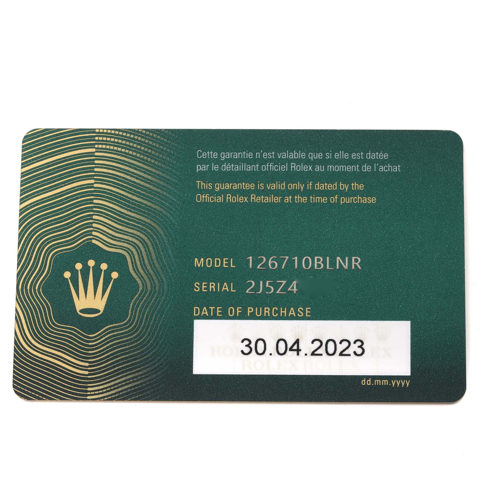 This image shows a warranty card for the Rolex GMT-Master 126710 Men
s Stainless Steel Black Dial 126710 Men
s Stainless Steel Black Dial model 126710BLNR, including the serial number and purchase date.