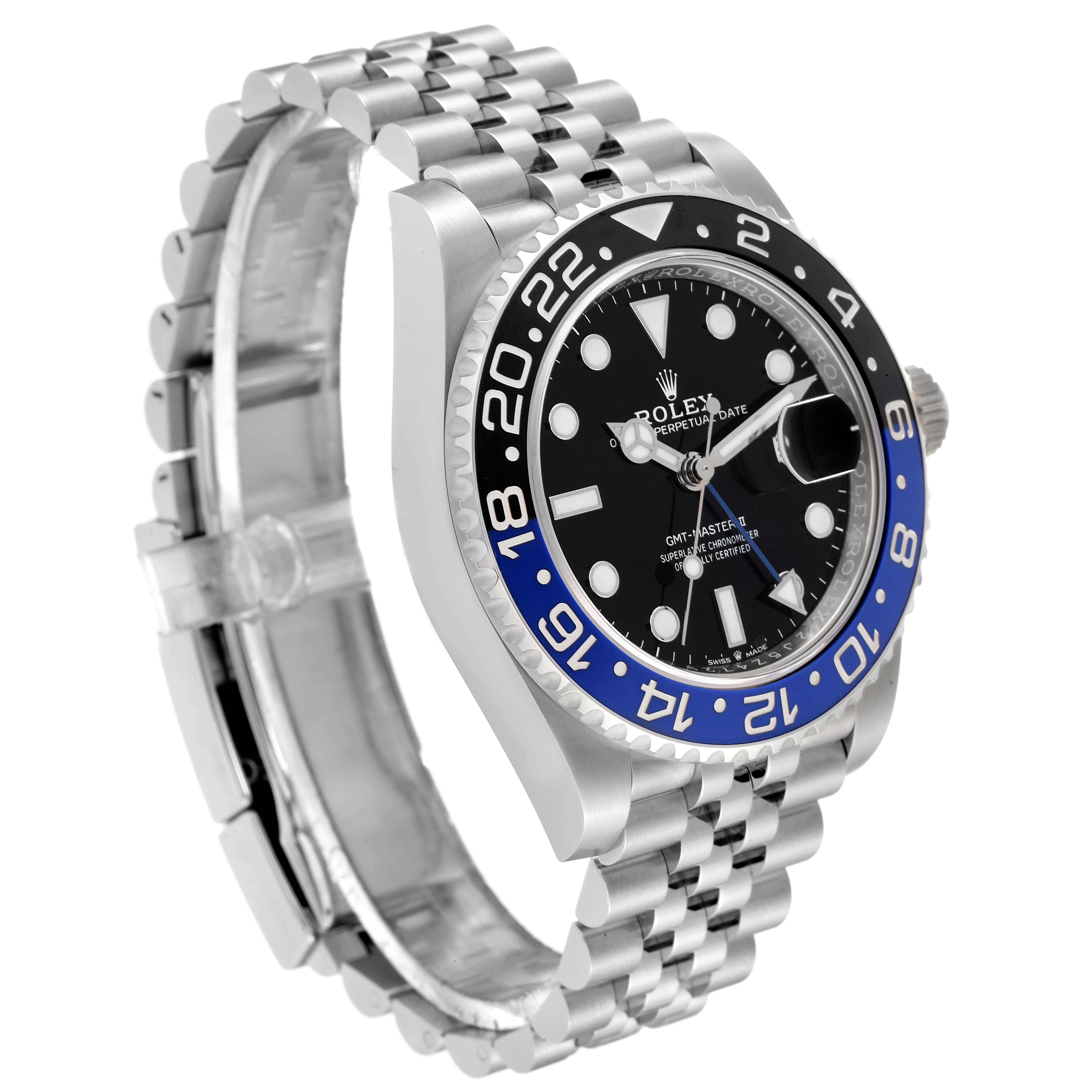 This Rolex GMT-Master 126710 Men
s Stainless Steel Black Dial 126710 Men
s Stainless Steel Black Dial watch is shown in a three-quarter angle, revealing the face, bezel, crown, and part of the bracelet.