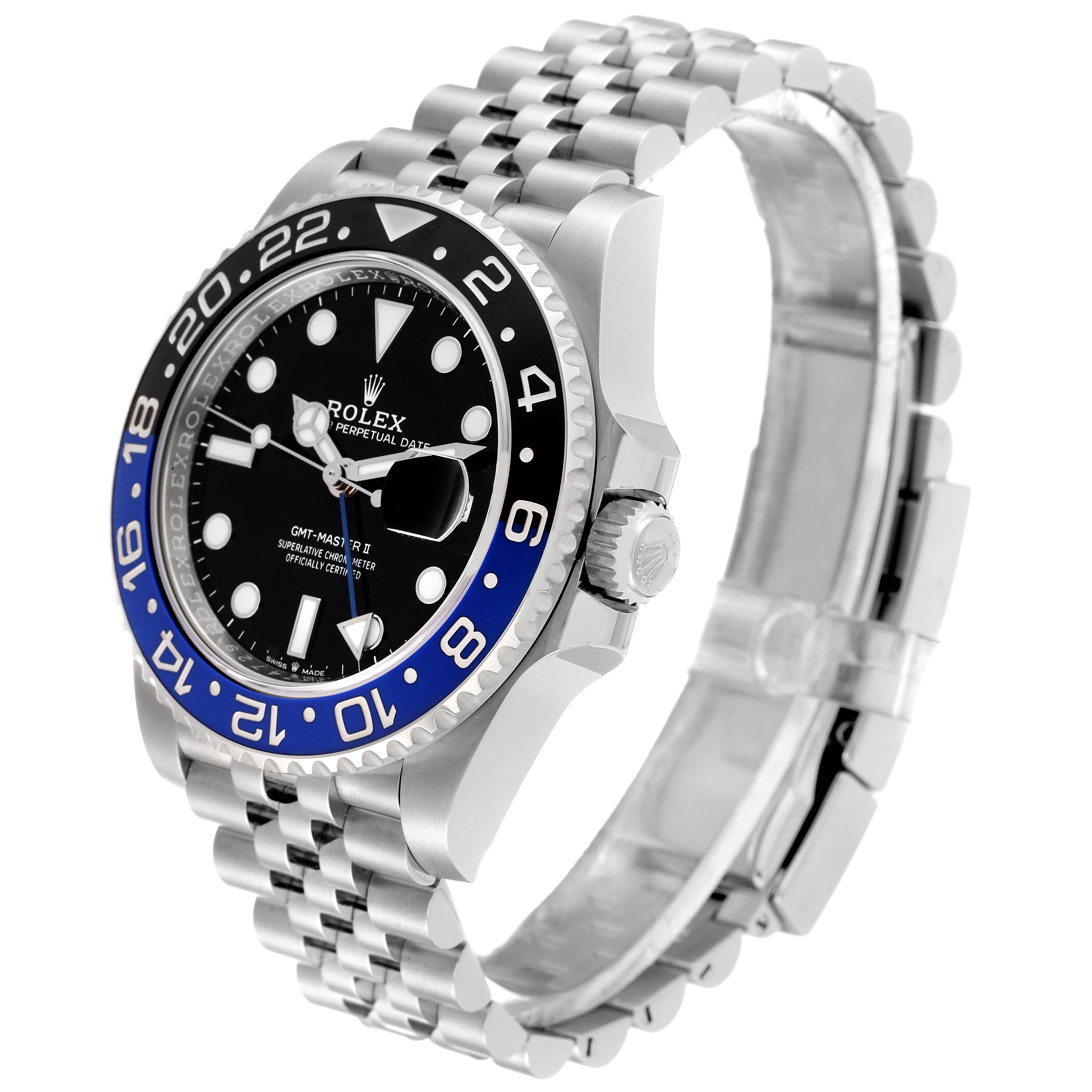 The image shows a Rolex GMT-Master 126710 Men
s Stainless Steel Black Dial 126710 Men
s Stainless Steel Black Dial II watch from an angled side view, displaying the bezel, dial, crown, and bracelet.