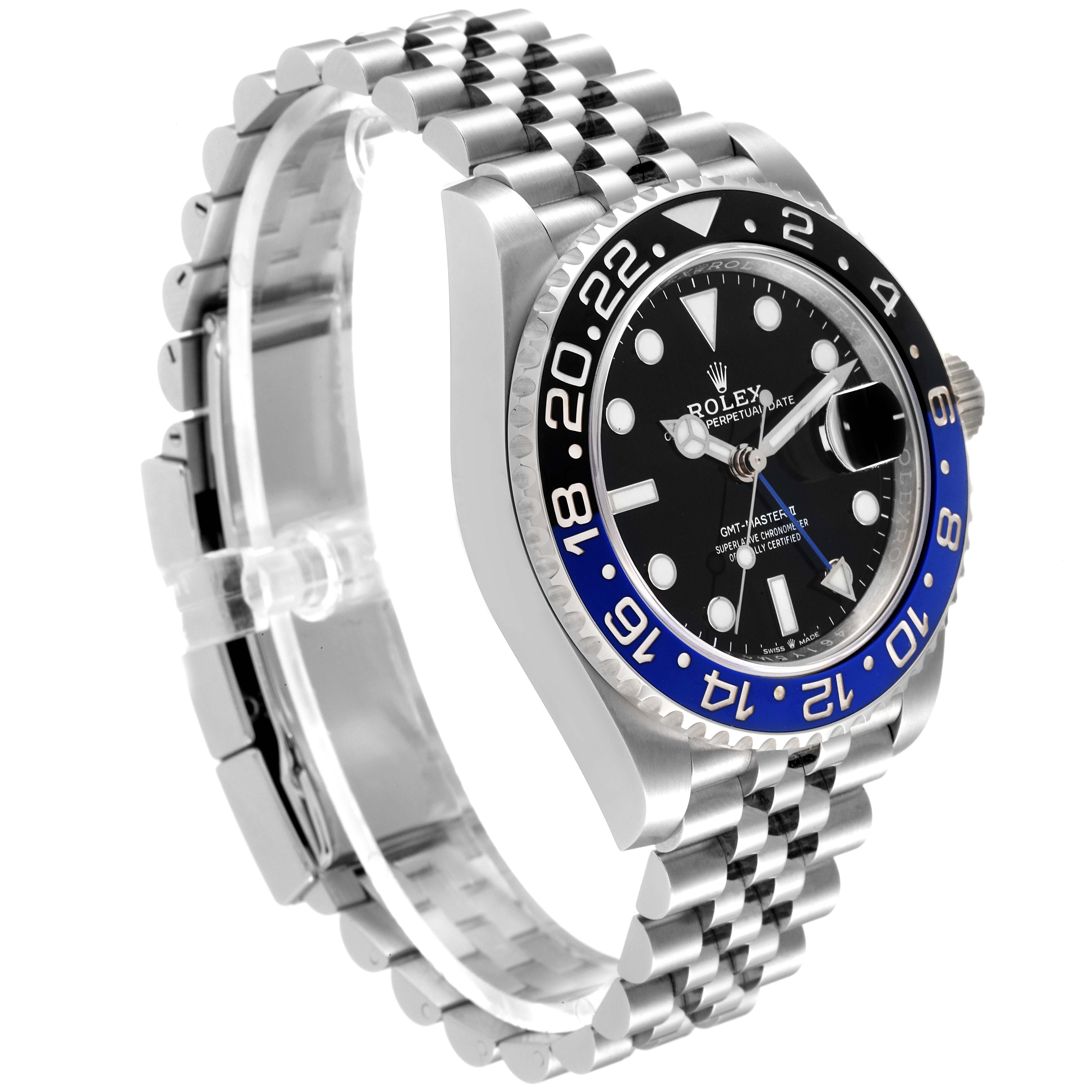 The image shows a Rolex GMT-Master 126710 Men
s Stainless Steel Black Dial 126710 Men
s Stainless Steel Black Dial watch at a slight angle, showcasing its face, bezel, and bracelet.