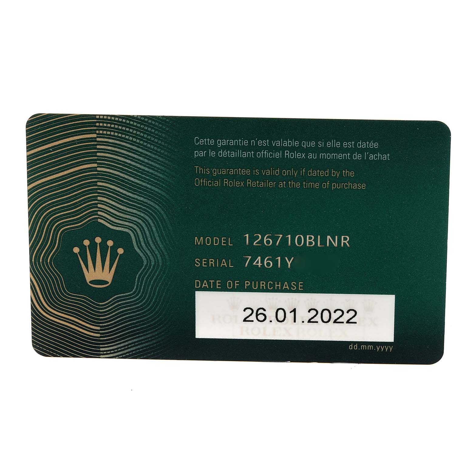 The image shows a warranty card for a Rolex GMT-Master 126710 Men
s Stainless Steel Black Dial 126710 Men
s Stainless Steel Black Dial model 126710BLNR, displaying the serial number and date of purchase.