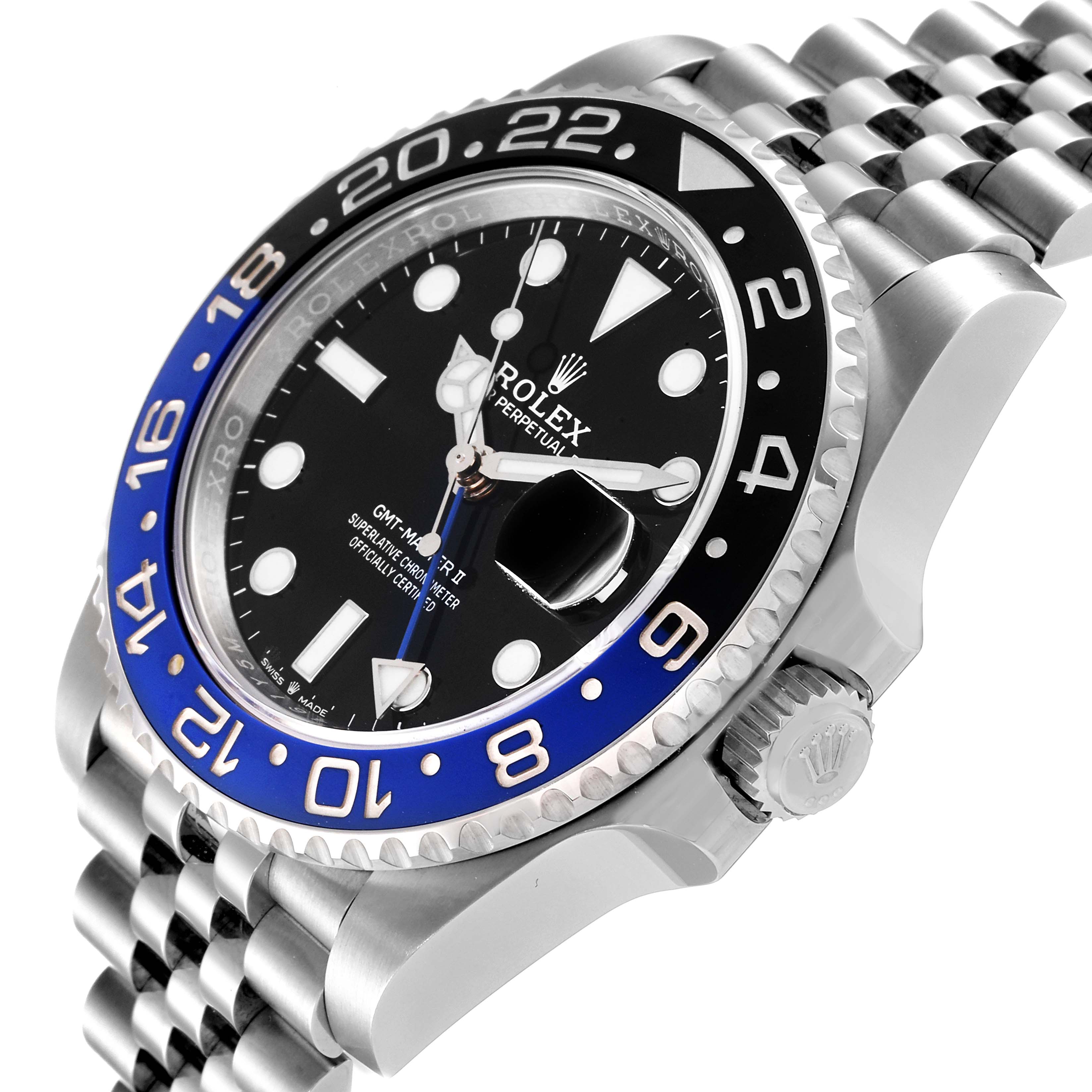 The image shows a close-up angle of the Rolex GMT-Master 126710 Men
s Stainless Steel Black Dial 126710 Men
s Stainless Steel Black Dial II watch highlighting its bezel, dial, crown, and bracelet.