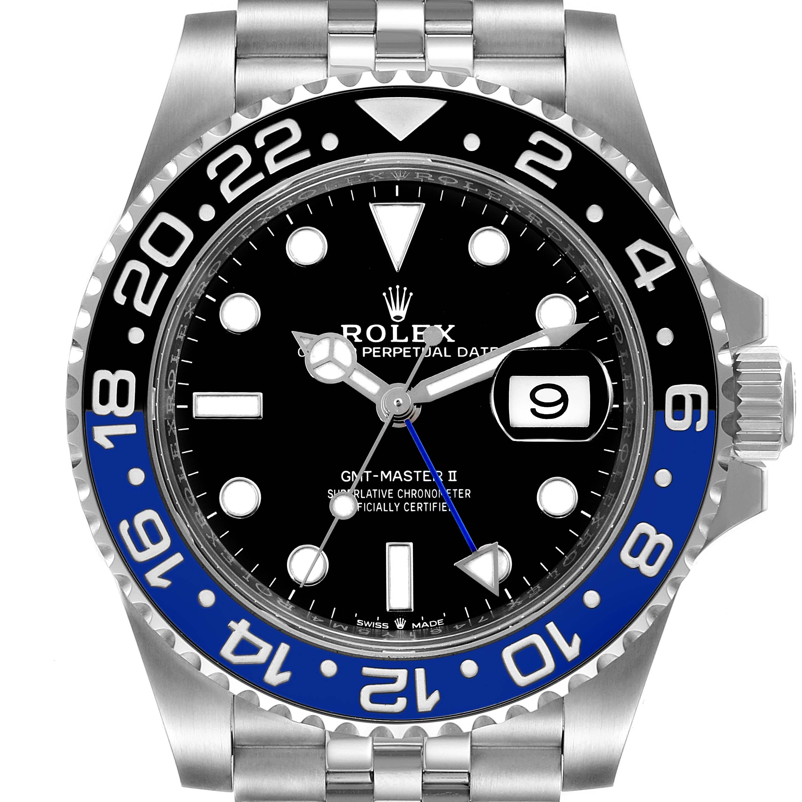 This image shows a frontal view of a Rolex GMT-Master 126710 Men
s Stainless Steel Black Dial 126710 Men
s Stainless Steel Black Dial II watch, displaying the dial, bezel, and part of the bracelet.