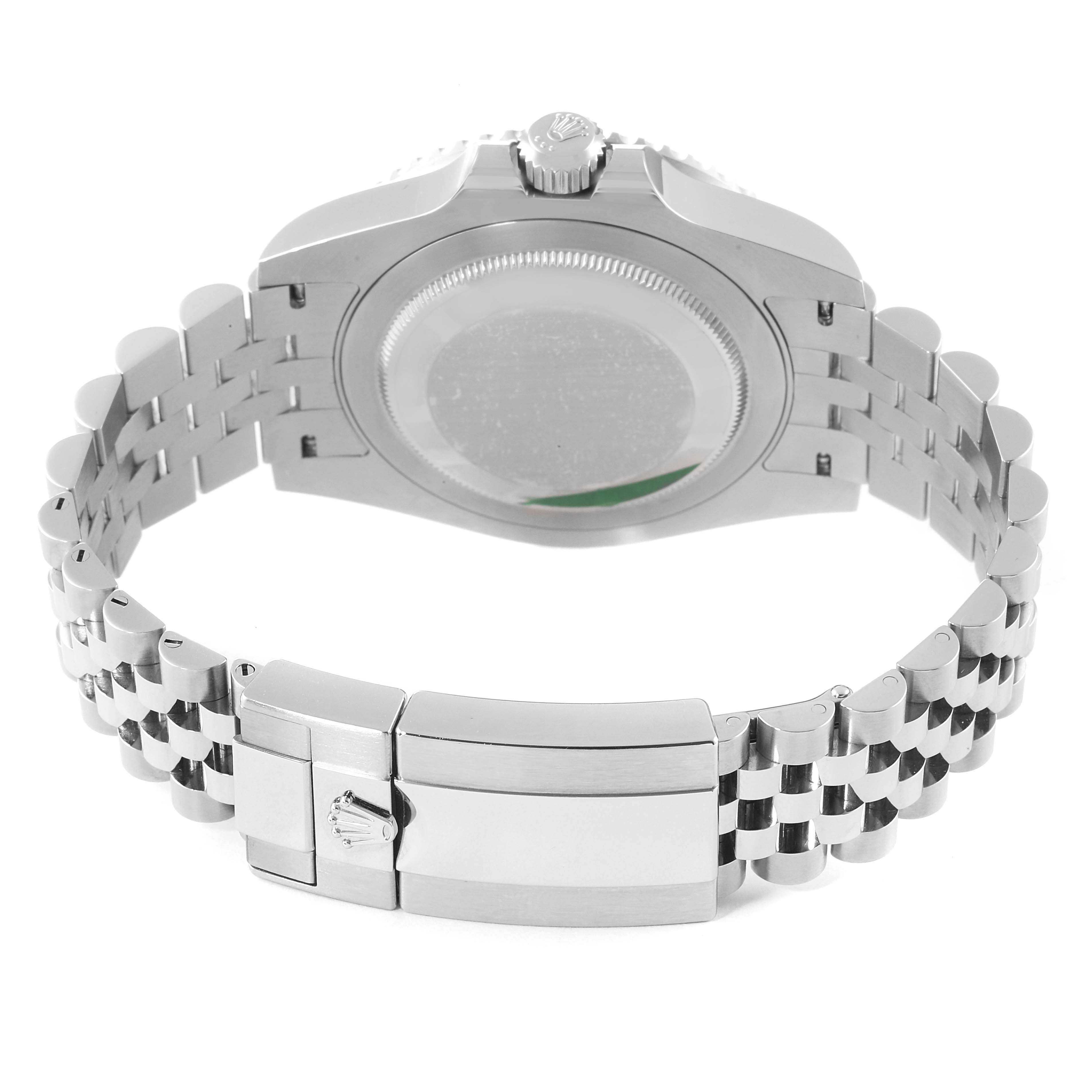 This image shows the back of the Rolex GMT-Master 126710 Men
s Stainless Steel Black Dial 126710 Men
s Stainless Steel Black Dial watch with its case back, bracelet, and clasp.