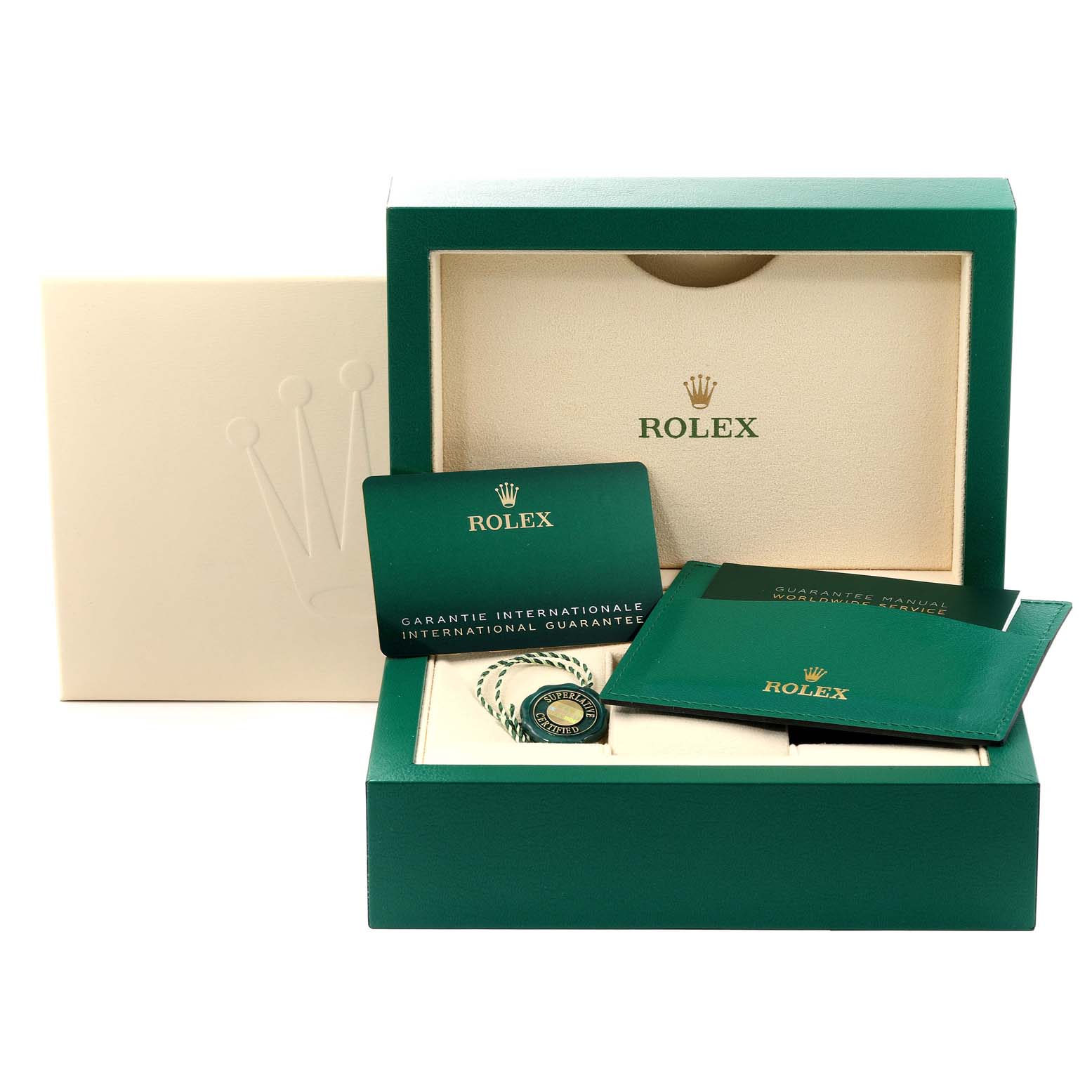 This image shows the packaging and accessories for a Rolex GMT-Master 126710 Men
s Stainless Steel Black Dial 126710 Men
s Stainless Steel Black Dial, including the box, warranty card, and manual from a front angle.
