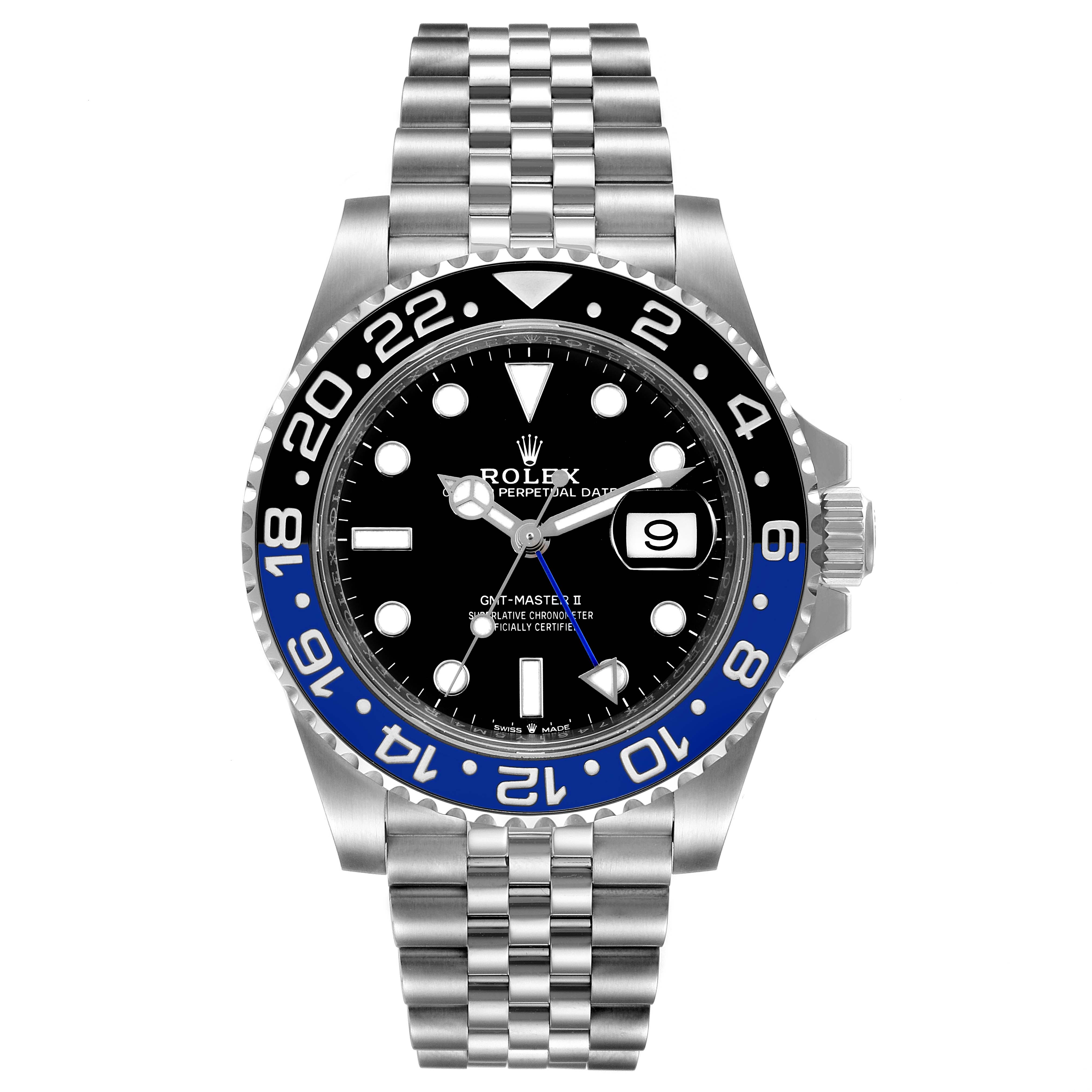 The image shows a Rolex GMT-Master 126710 Men
s Stainless Steel Black Dial 126710 Men
s Stainless Steel Black Dial II watch, featuring a black and blue bezel and Jubilee bracelet, viewed from the front.