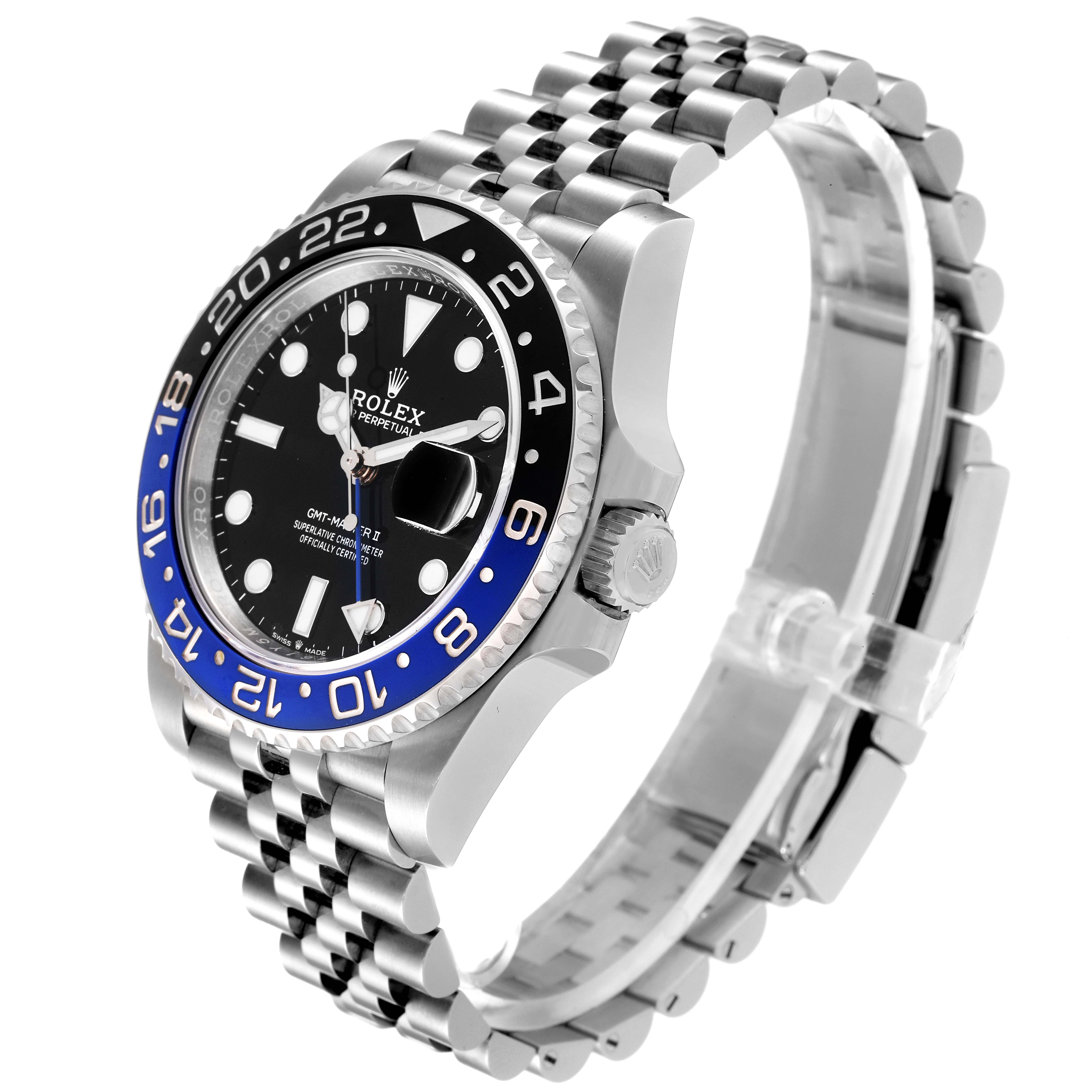 This image shows a side angle of a Rolex GMT-Master 126710 Men
s Stainless Steel Black Dial 126710 Men
s Stainless Steel Black Dial watch, highlighting its bezel, dial, crown, and bracelet.