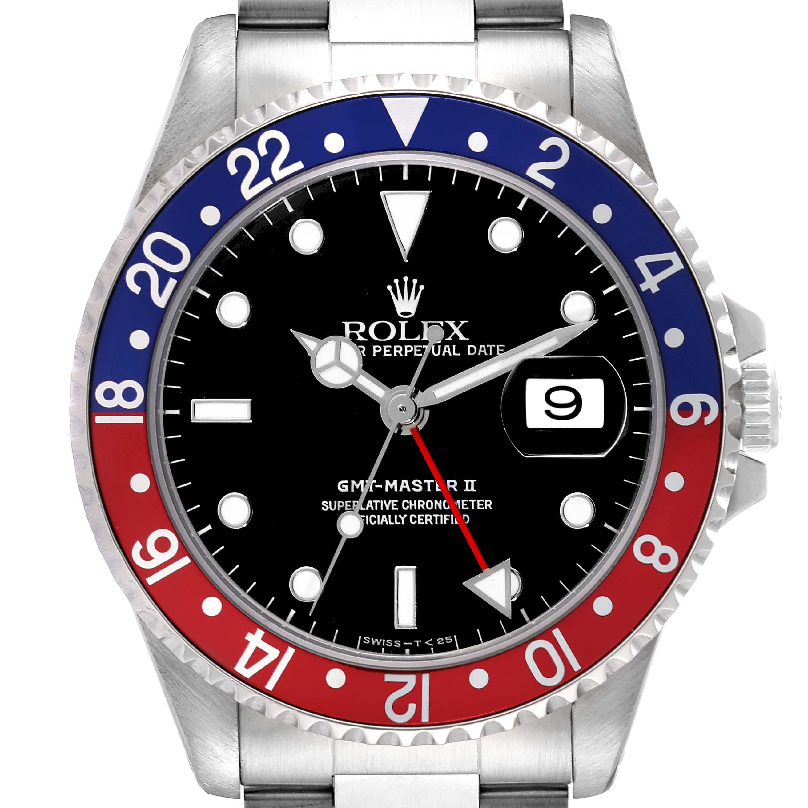 The image shows a front view of the Rolex GMT-Master 16710 Men
s Stainless Steel Black Dial 16710 Men
s Stainless Steel Black Dial II watch with a black dial and a red-blue bezel.
