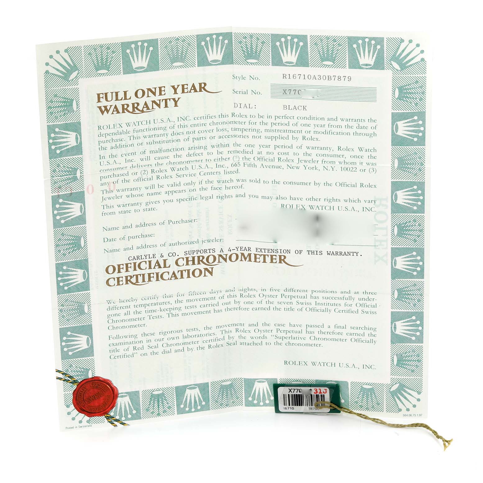 This image shows a full one-year warranty certificate and chronometer certification for a Rolex GMT-Master 16710 Men
s Stainless Steel Black Dial 16710 Men
s Stainless Steel Black Dial watch.