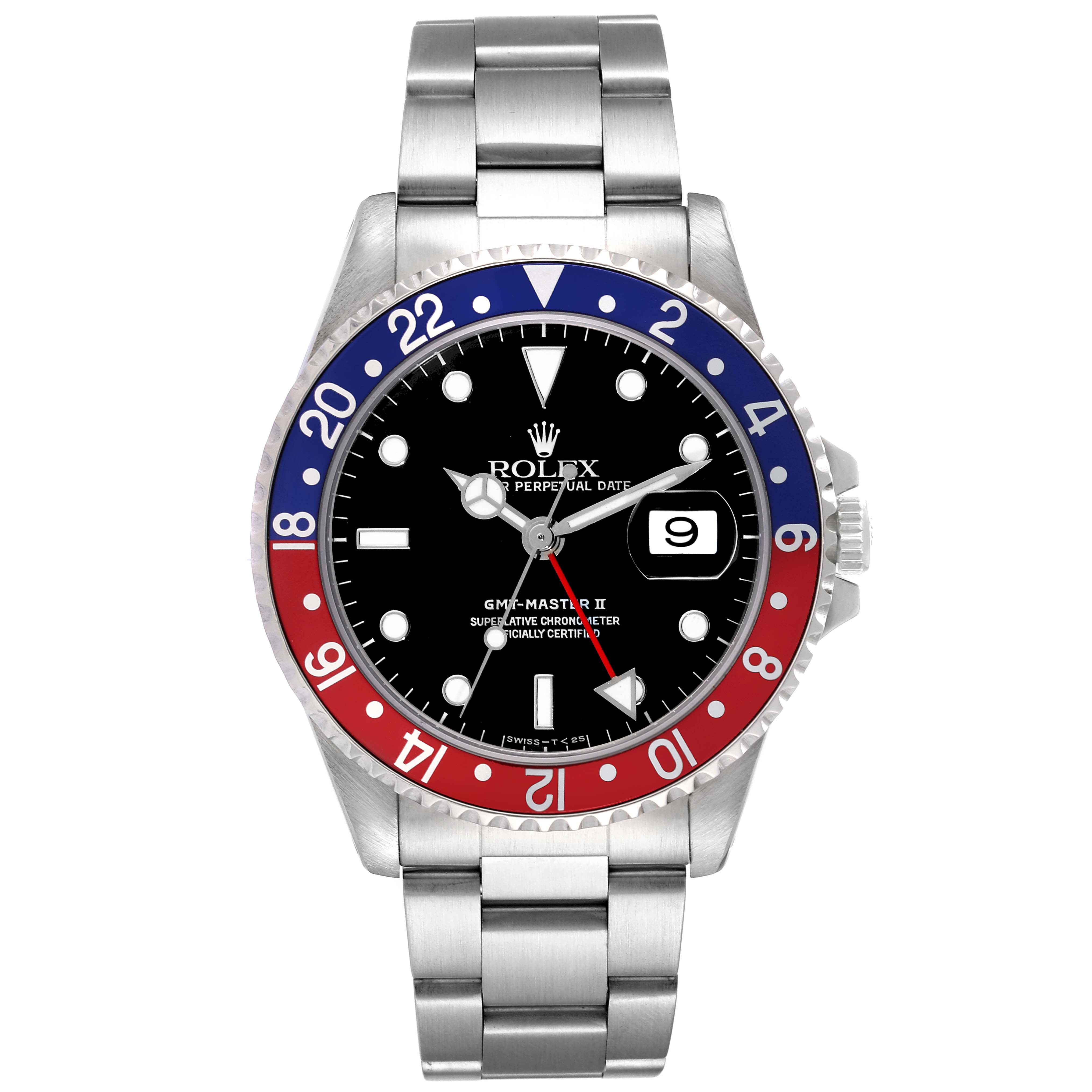 The image shows a Rolex GMT-Master 16710 Men
s Stainless Steel Black Dial 16710 Men
s Stainless Steel Black Dial II watch from a front angle, highlighting the bezel, dial, and bracelet.