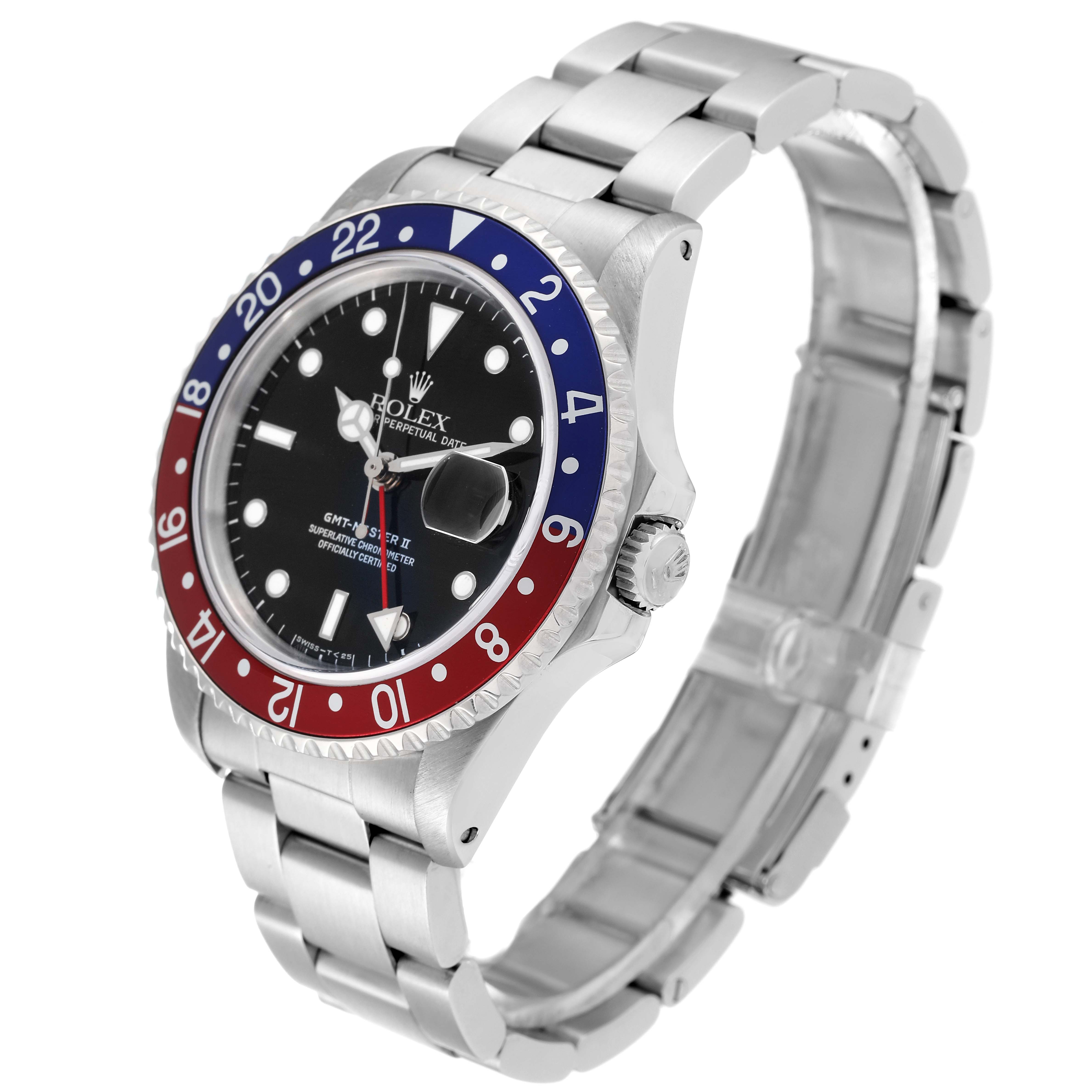 This image shows a side angle of a Rolex GMT-Master 16710 Men
s Stainless Steel Black Dial 16710 Men
s Stainless Steel Black Dial watch, highlighting the bezel, dial, crown, and bracelet.