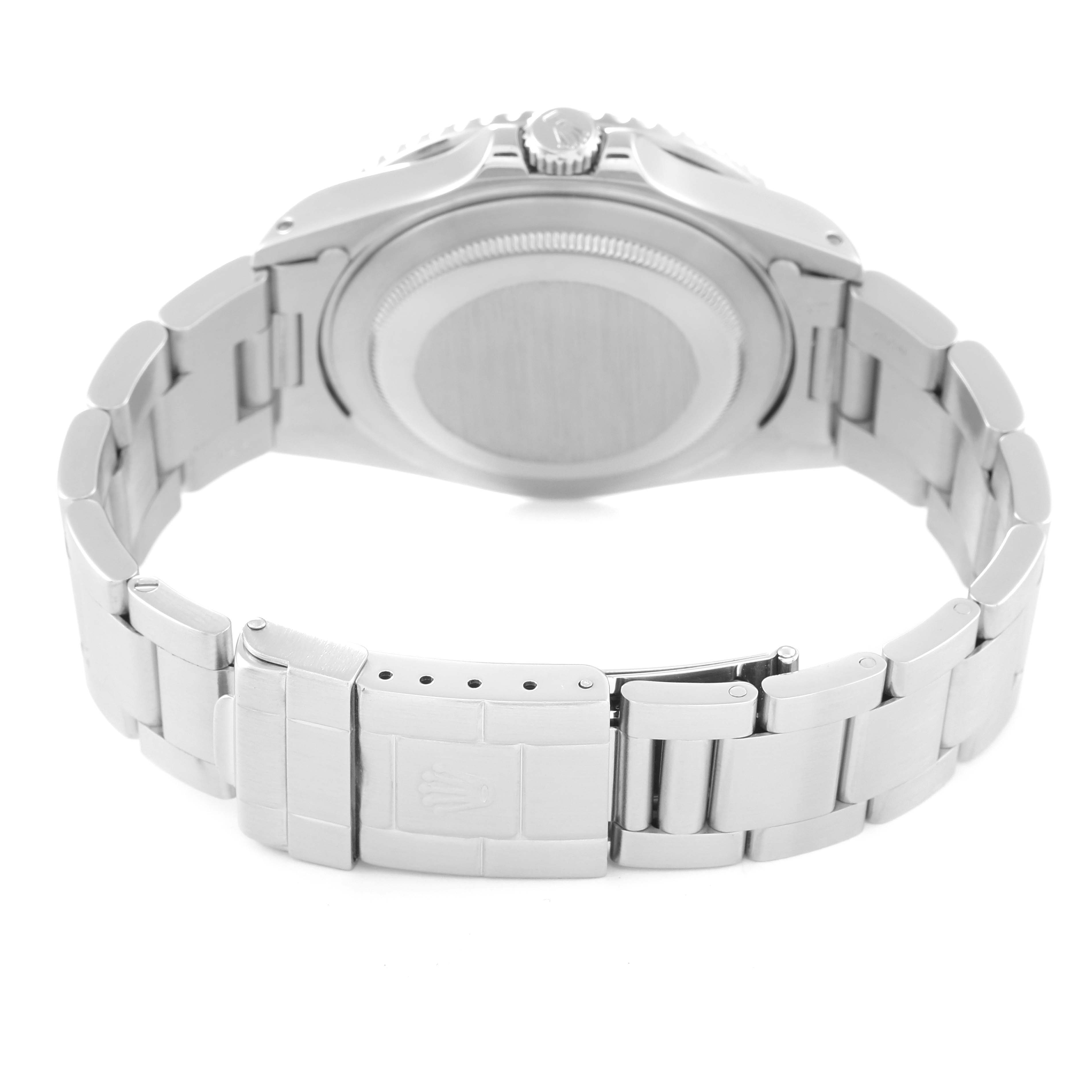 This image shows the back, clasp, and bracelet of a Rolex GMT-Master 16710 Men
s Stainless Steel Black Dial 16710 Men
s Stainless Steel Black Dial watch from a rear angle.