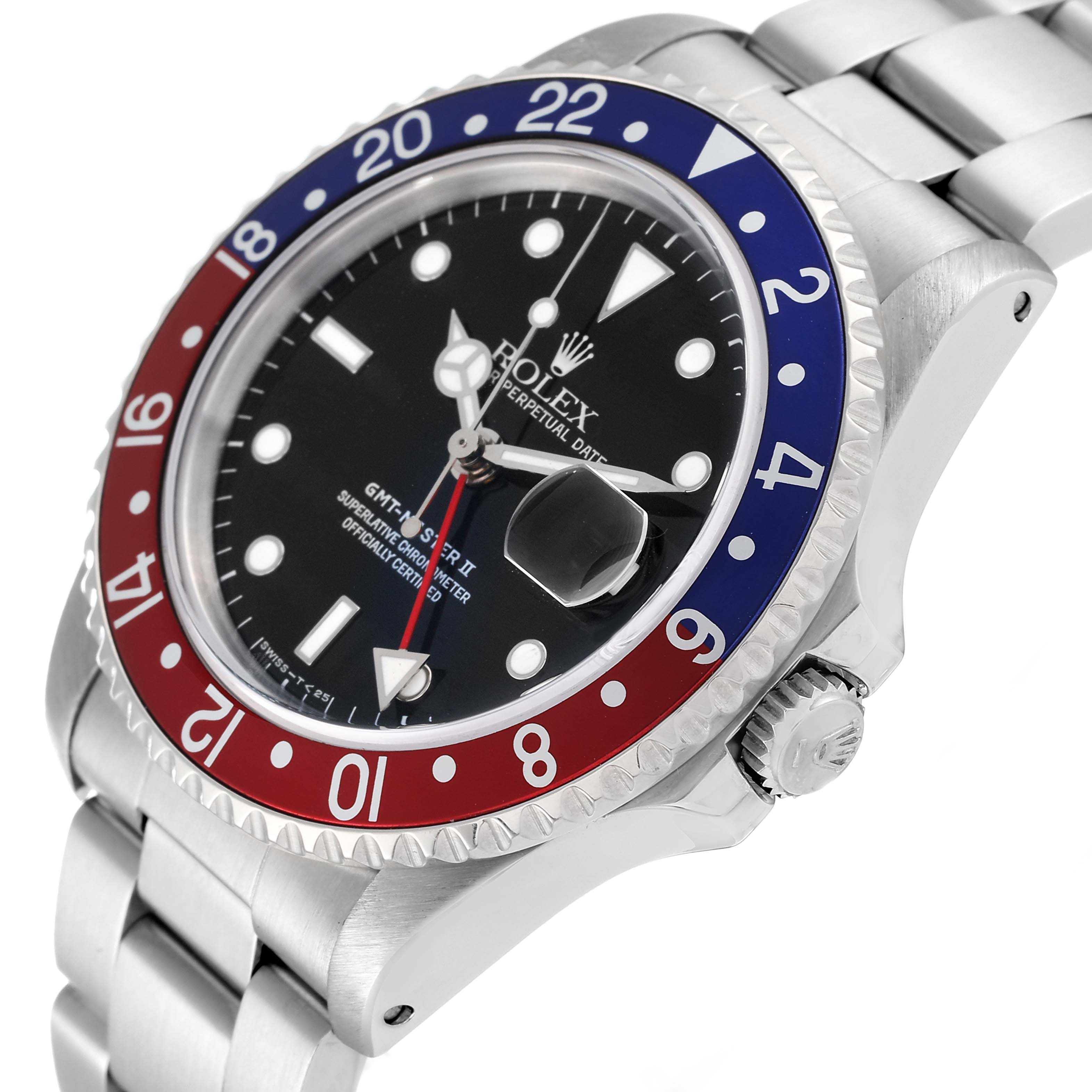 The image shows a close-up, angled view of a Rolex GMT-Master 16710 Men
s Stainless Steel Black Dial 16710 Men
s Stainless Steel Black Dial watch, highlighting the bezel, dial, and bracelet.