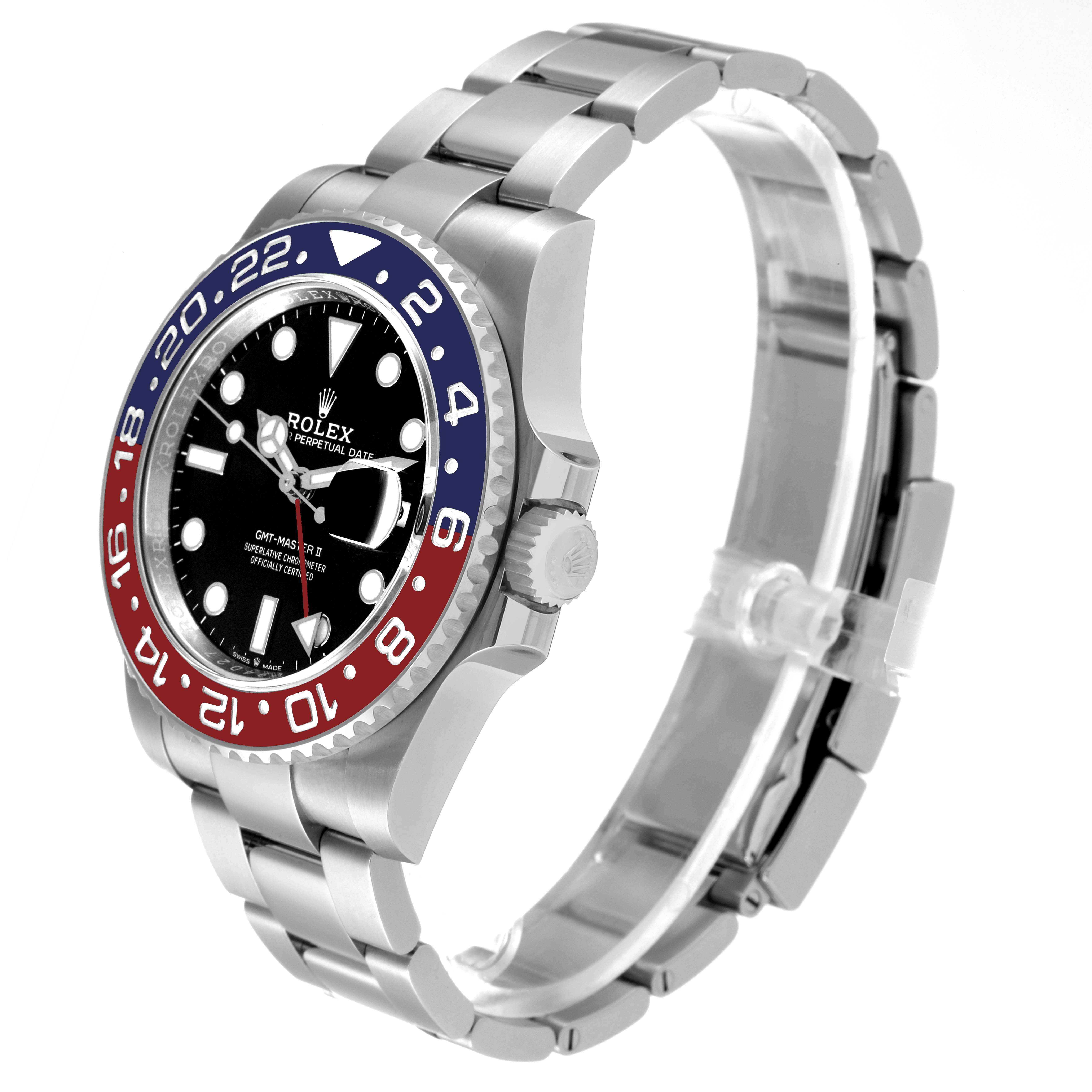 The Rolex GMT-Master 126710 Men's Stainless Steel Black Dial 126710 Men's Stainless Steel Black Dial watch is shown at an angle displaying the bezel, dial, bracelet, and crown.
