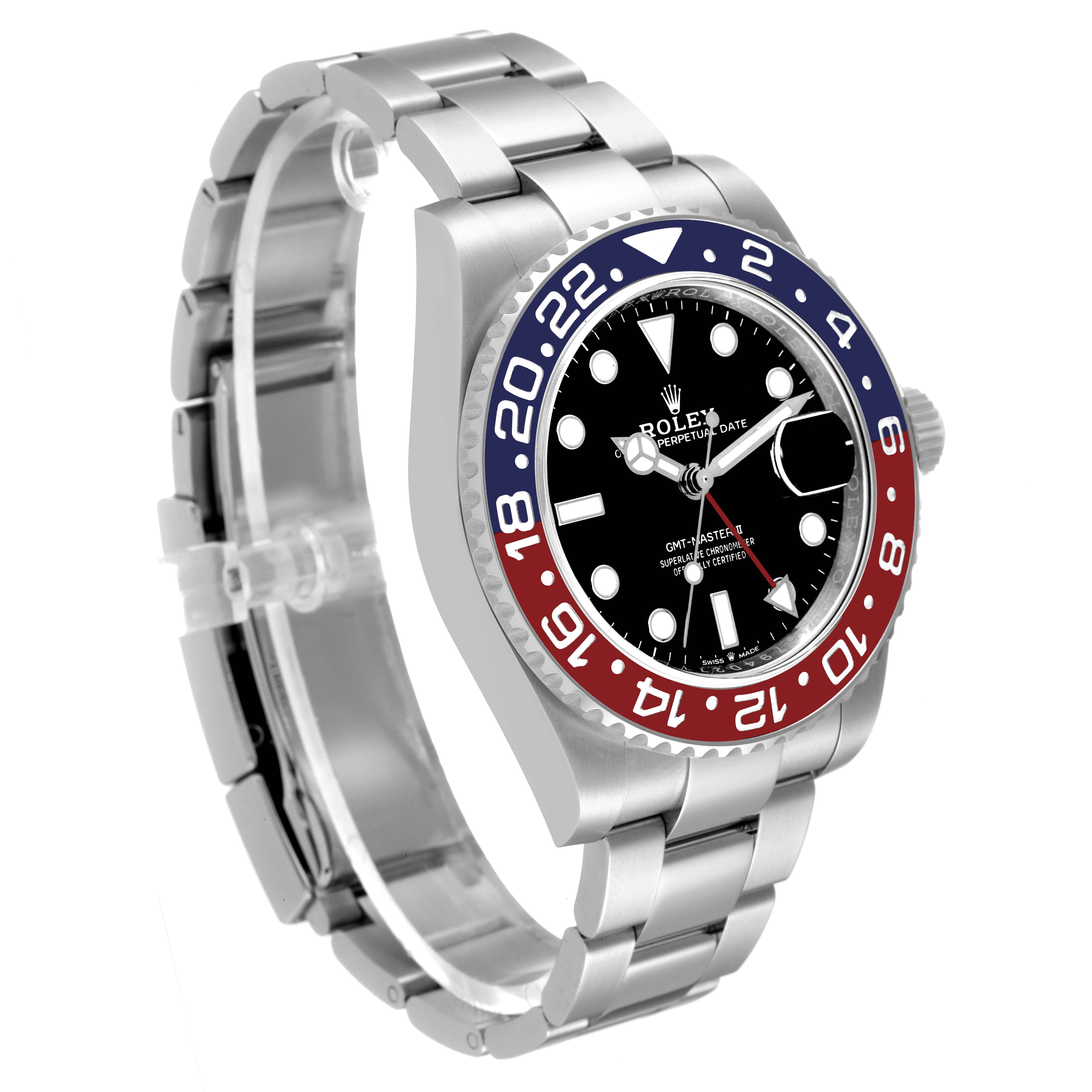 The image shows a Rolex GMT-Master 126710 Men's Stainless Steel Black Dial 126710 Men's Stainless Steel Black Dial watch at a three-quarter angle, highlighting the bezel, dial, and bracelet.