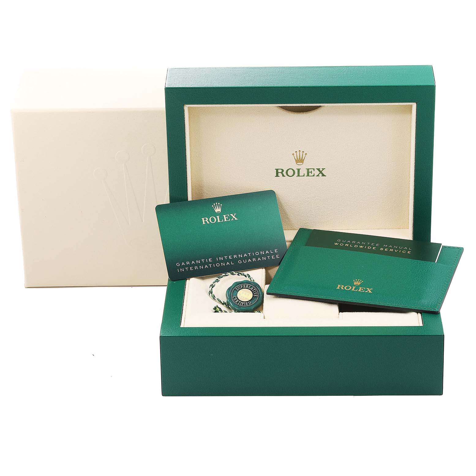 This image shows the packaging, manuals, and accessories for a Rolex GMT-Master 126710 Men's Stainless Steel Black Dial 126710 Men's Stainless Steel Black Dial watch, including the international guarantee card.