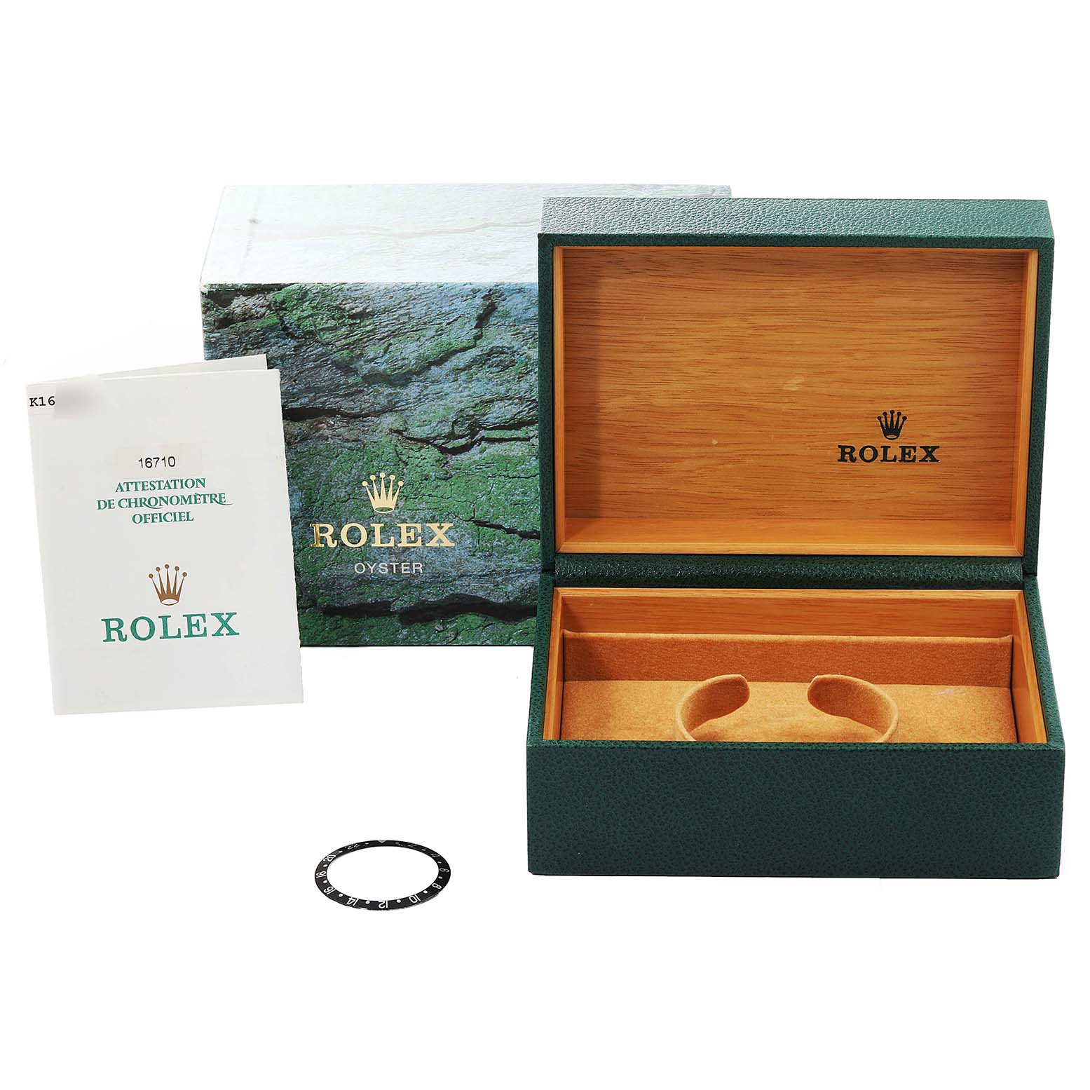 The image shows the box, instructions, and bezel insert for a Rolex GMT-Master 16710 Men's Stainless Steel Black Dial 16710 Men's Stainless Steel Black Dial watch from various angles.