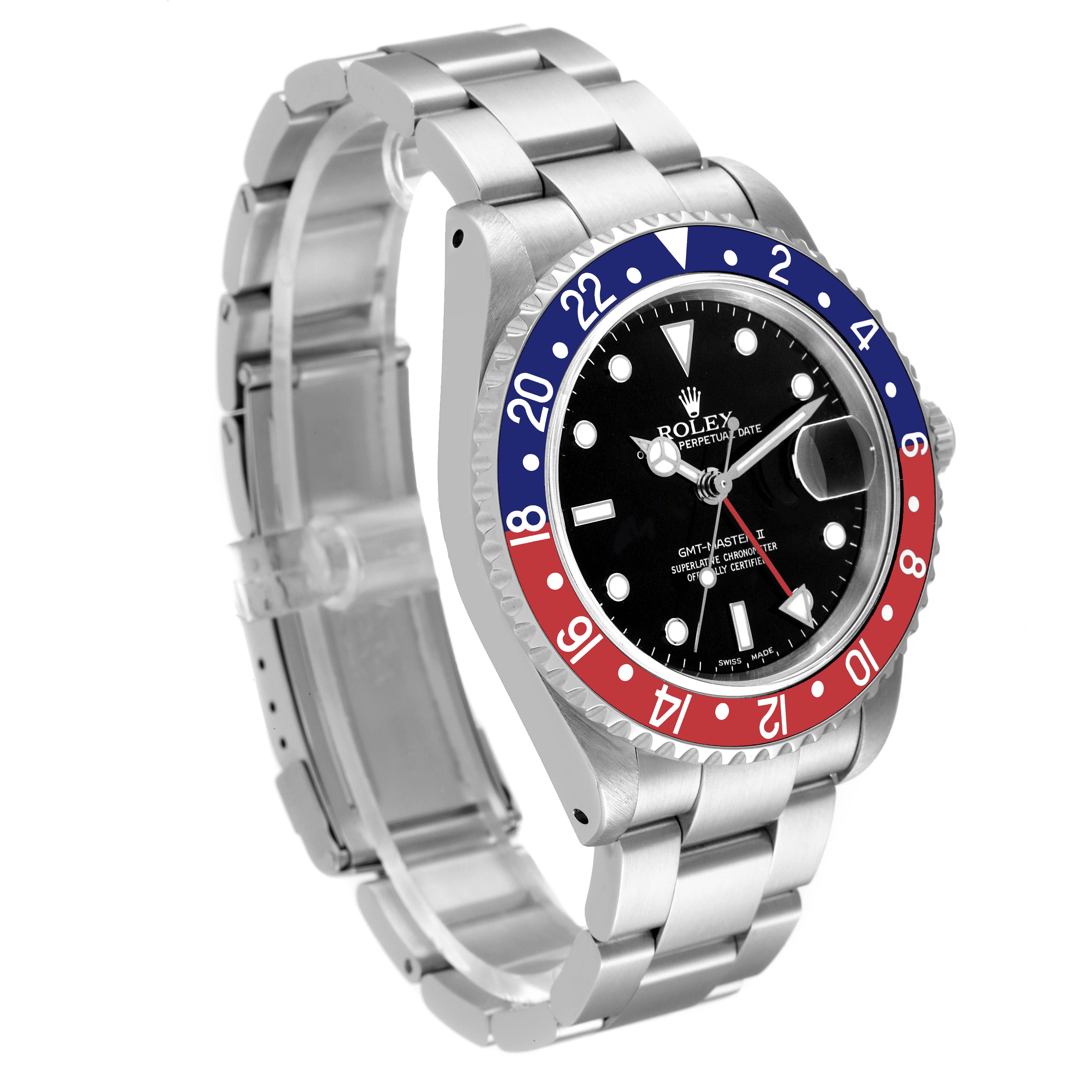 The image shows a Rolex GMT-Master 16710 Men's Stainless Steel Black Dial 16710 Men's Stainless Steel Black Dial watch angled to display its face, bezel, and part of its bracelet.