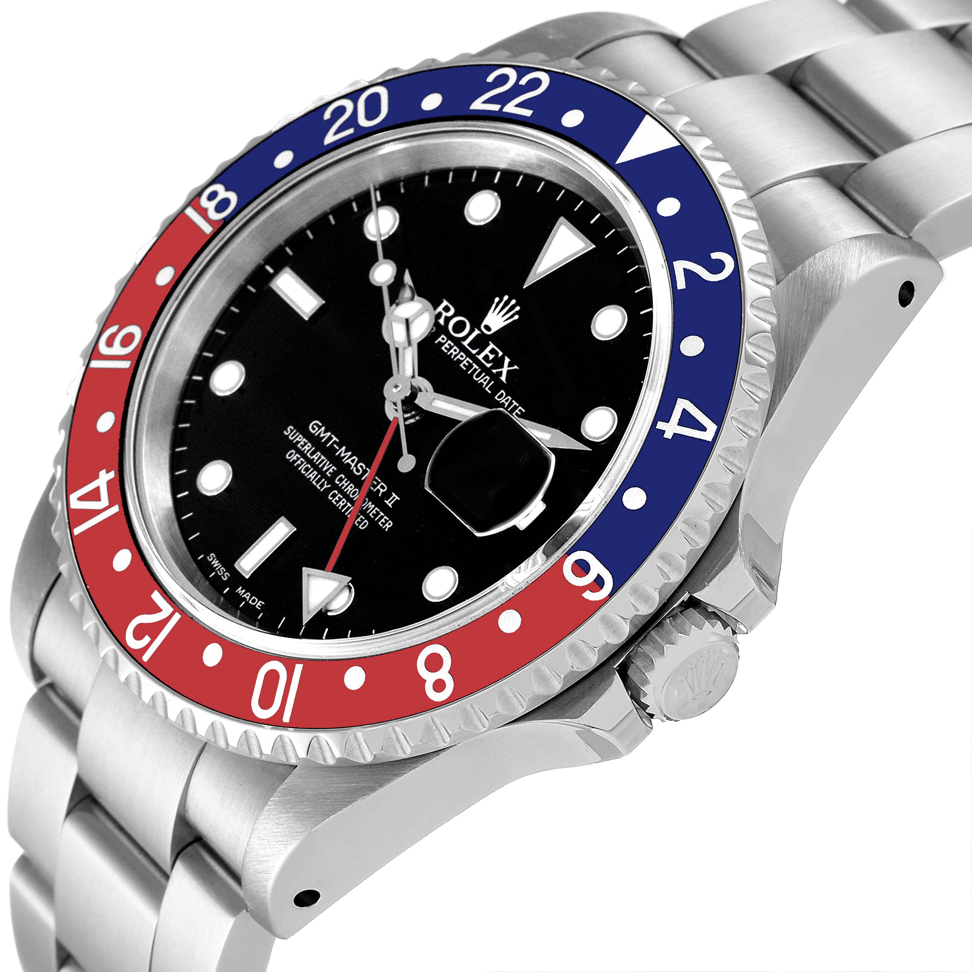 This image displays the face and bezel of a Rolex GMT-Master 16710 Men's Stainless Steel Black Dial 16710 Men's Stainless Steel Black Dial II watch from a slight side angle.