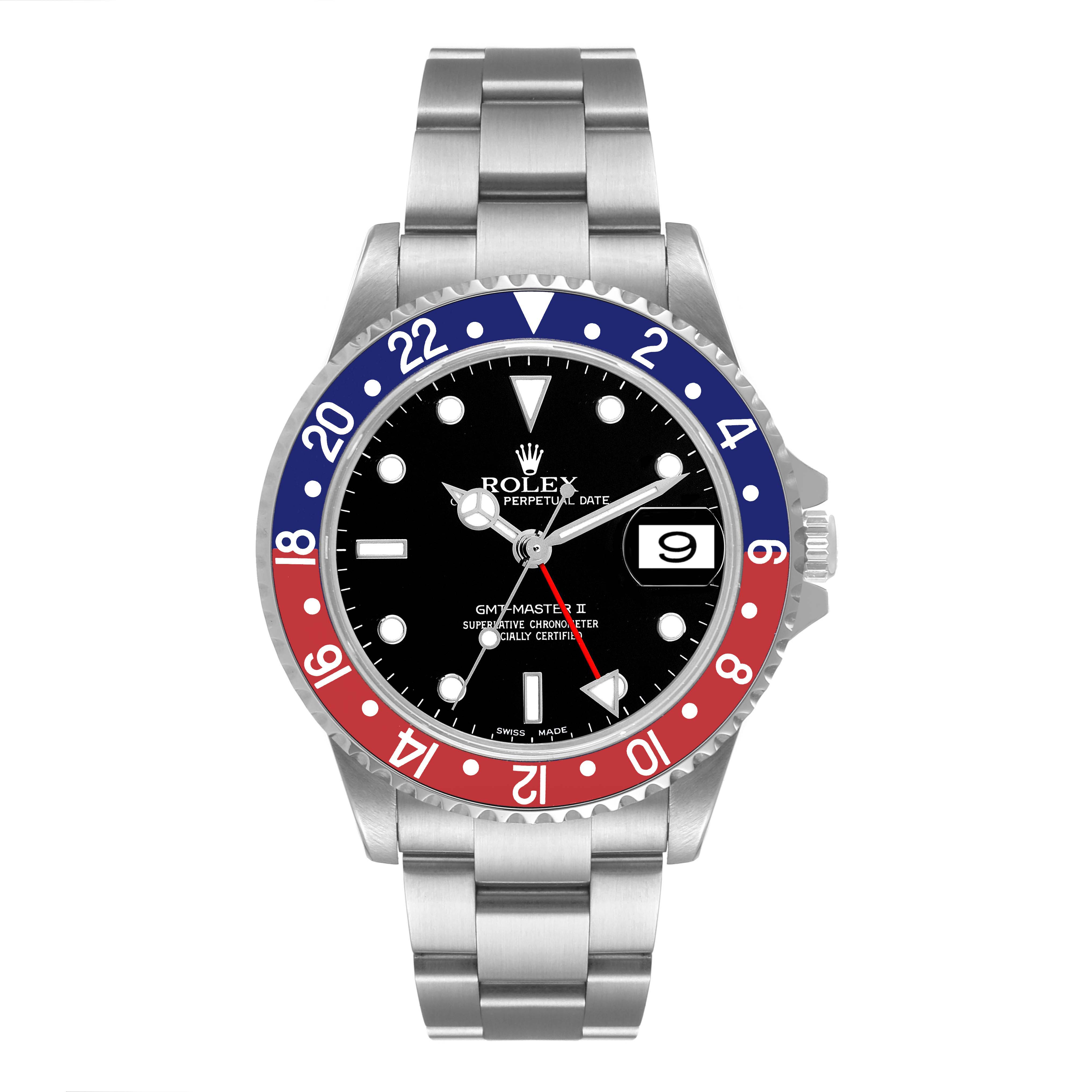 The image shows a front view of a Rolex GMT-Master 16710 Men's Stainless Steel Black Dial 16710 Men's Stainless Steel Black Dial watch, highlighting the dial, bezel, and bracelet.