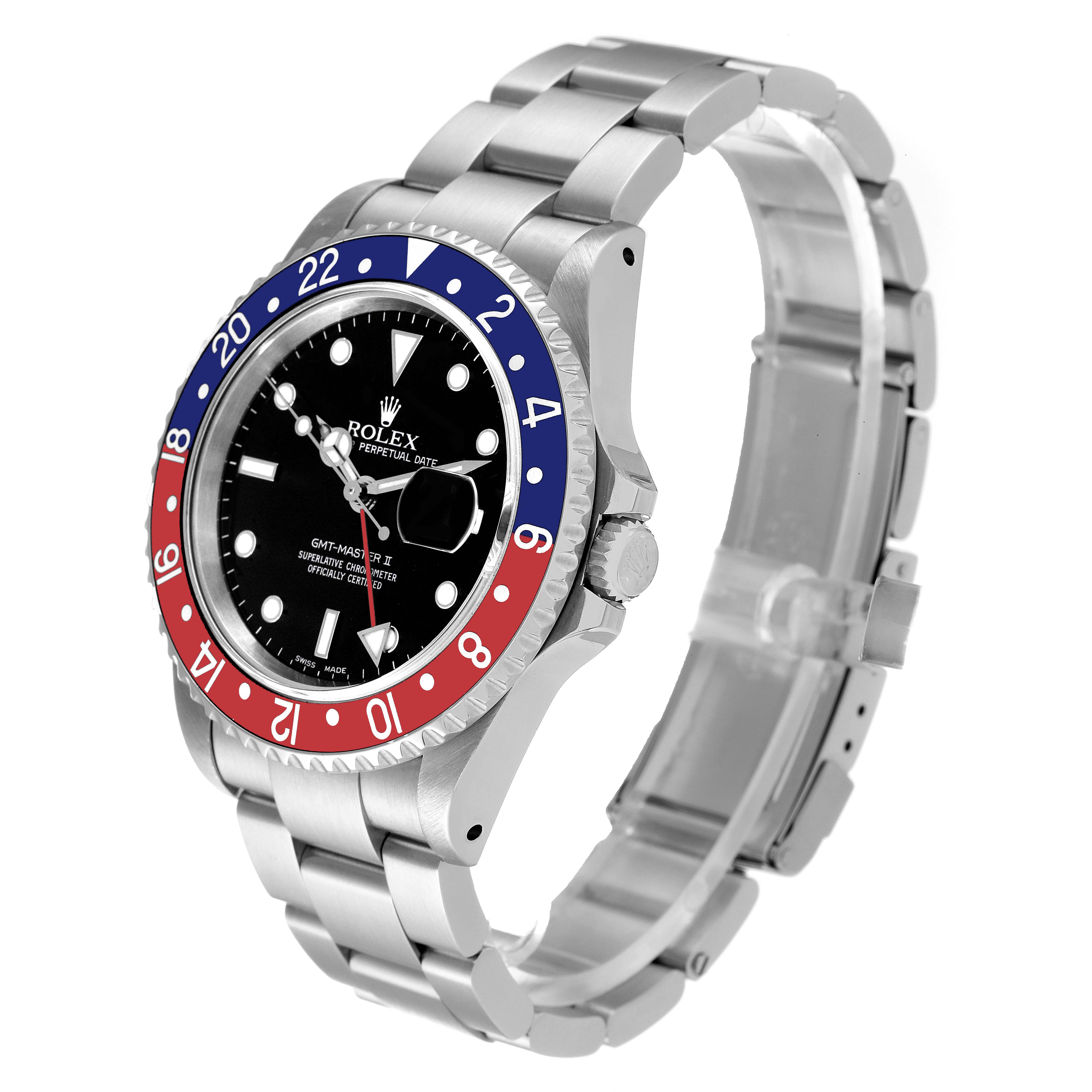 The image shows a side angle of the Rolex GMT-Master 16710 Men's Stainless Steel Black Dial 16710 Men's Stainless Steel Black Dial watch, displaying the bezel, dial, crown, and bracelet.