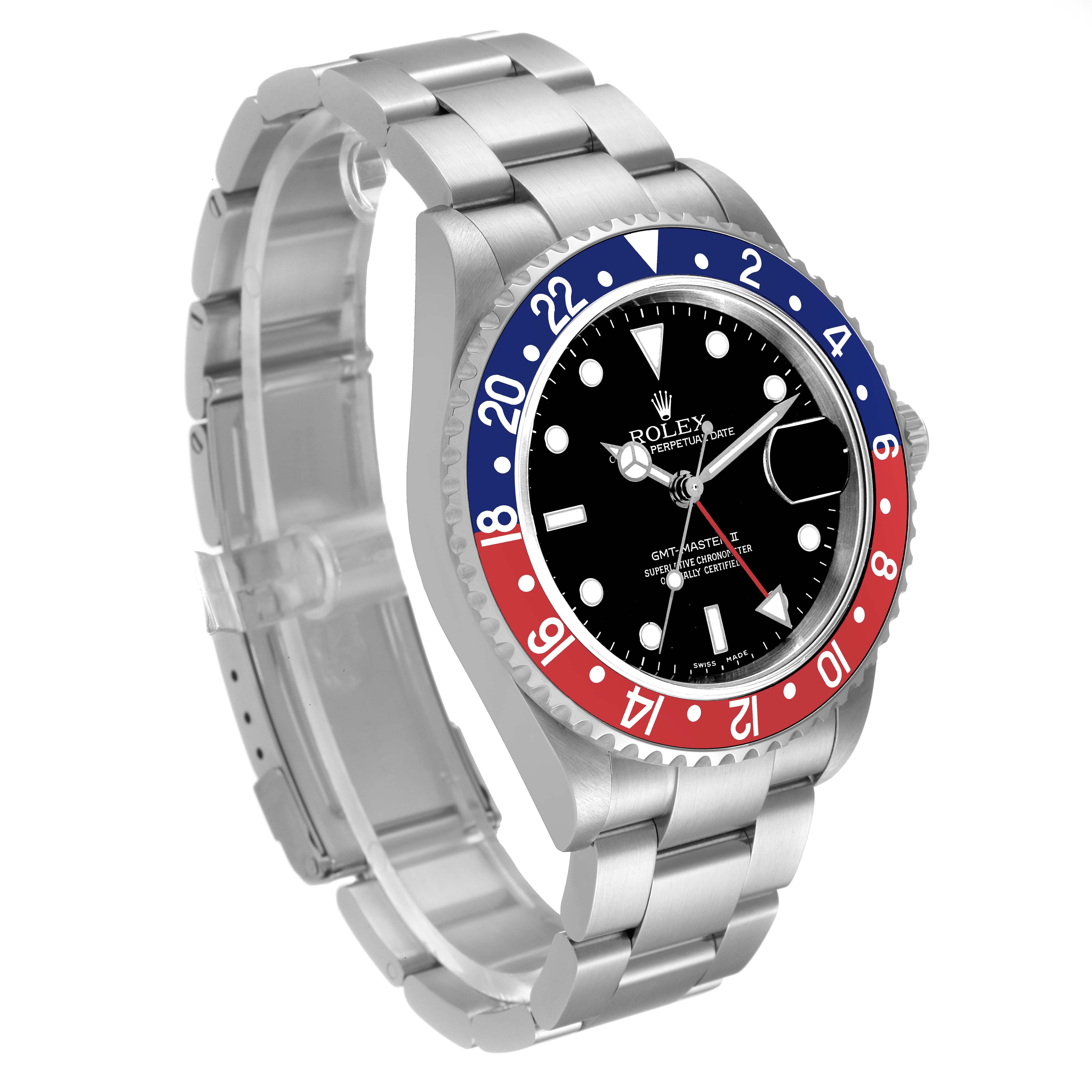 The image shows a Rolex GMT-Master 16710 Men's Stainless Steel Black Dial 16710 Men's Stainless Steel Black Dial watch from a front diagonal angle, highlighting the bezel, dial, and bracelet.