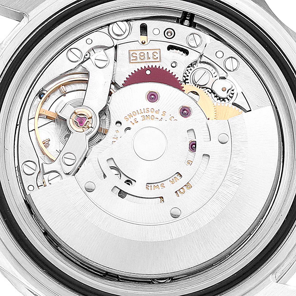 This image shows the internal movement mechanism of a Rolex GMT-Master 16710 Men's Stainless Steel Black Dial 16710 Men's Stainless Steel Black Dial watch from a rear angle.