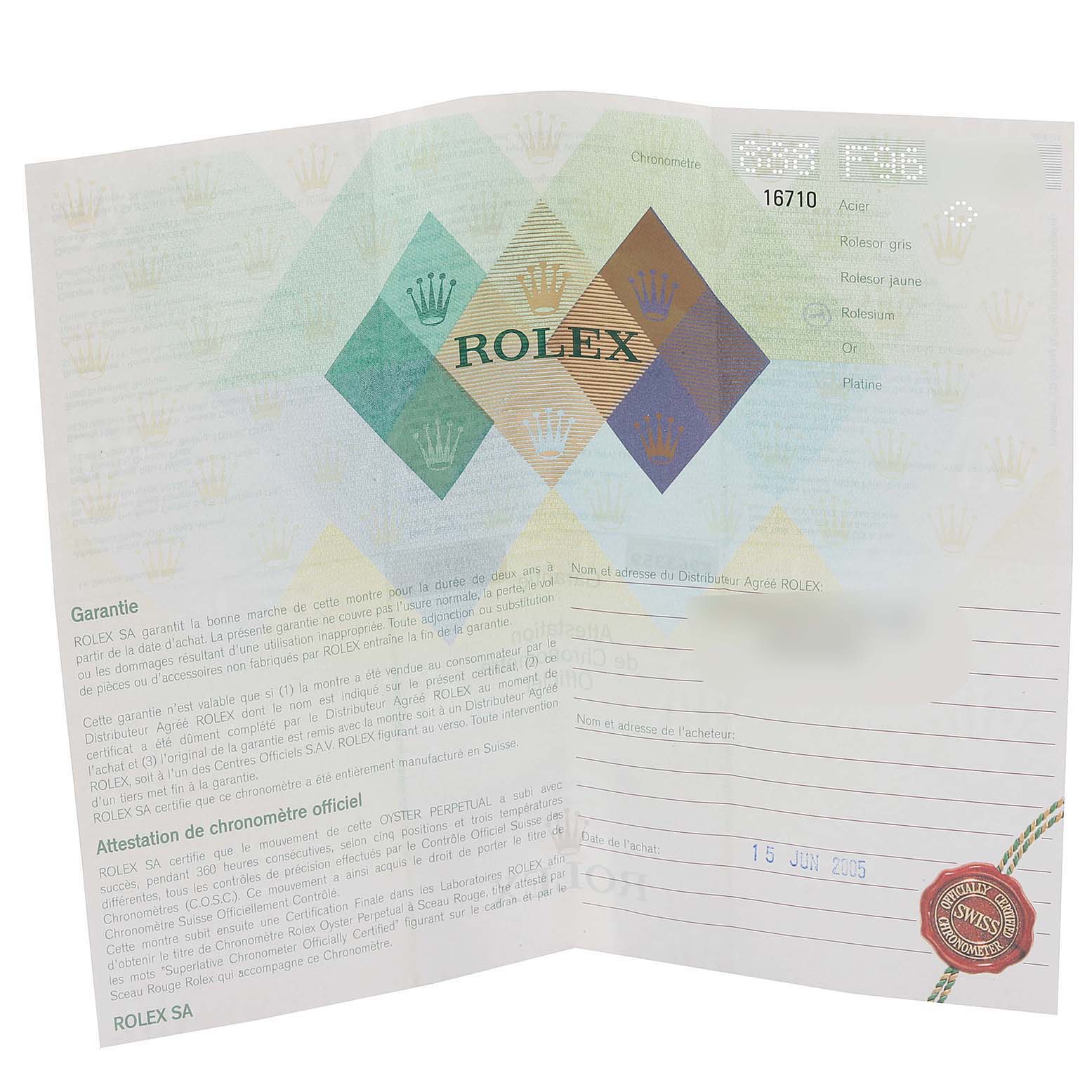 This image shows the official warranty card and certification paper for a Rolex GMT-Master 16710 Men's Stainless Steel Black Dial 16710 Men's Stainless Steel Black Dial watch, model 16710.