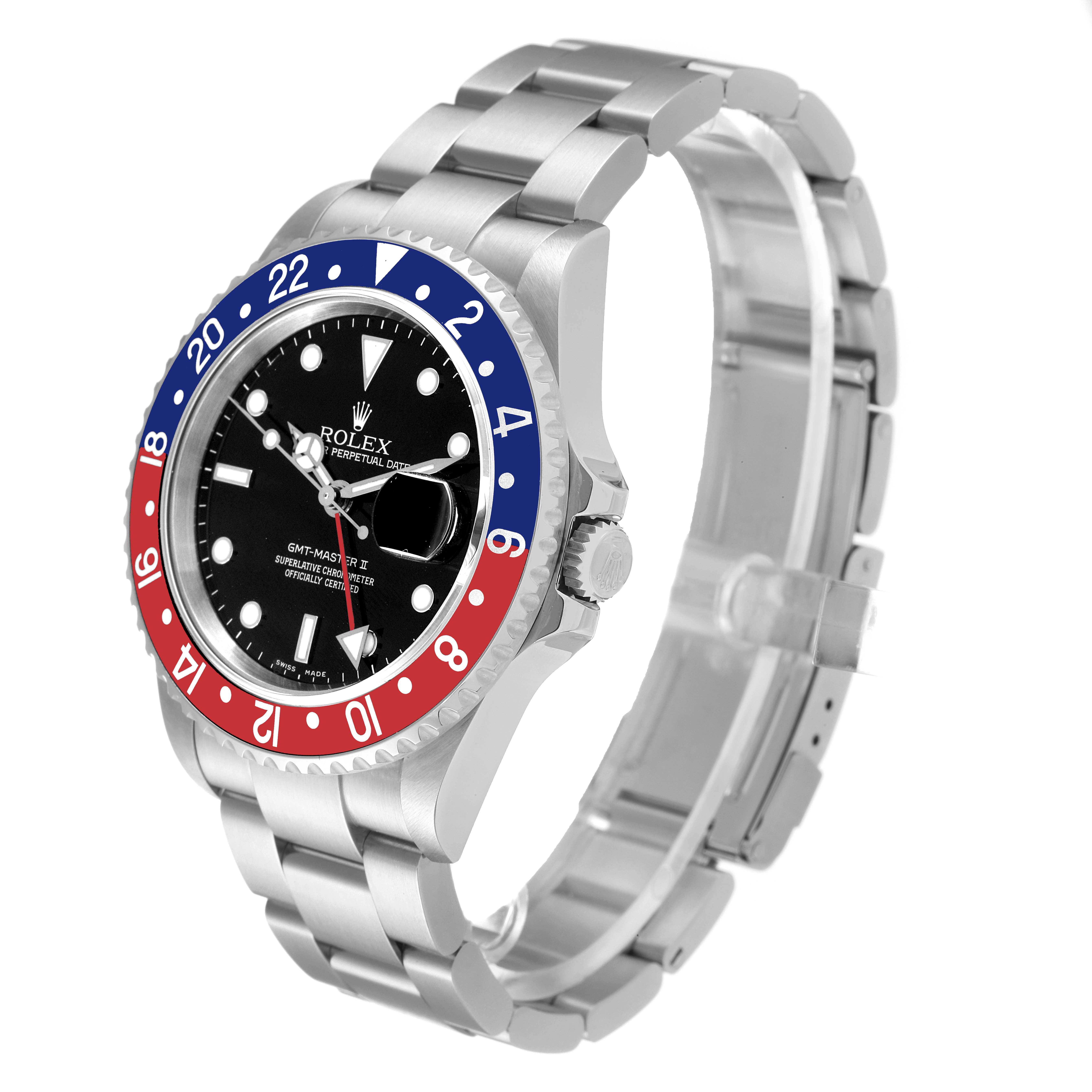 The image shows a Rolex GMT-Master 16710 Men's Stainless Steel Black Dial 16710 Men's Stainless Steel Black Dial watch at a slight angle, highlighting its bezel, face, and bracelet.