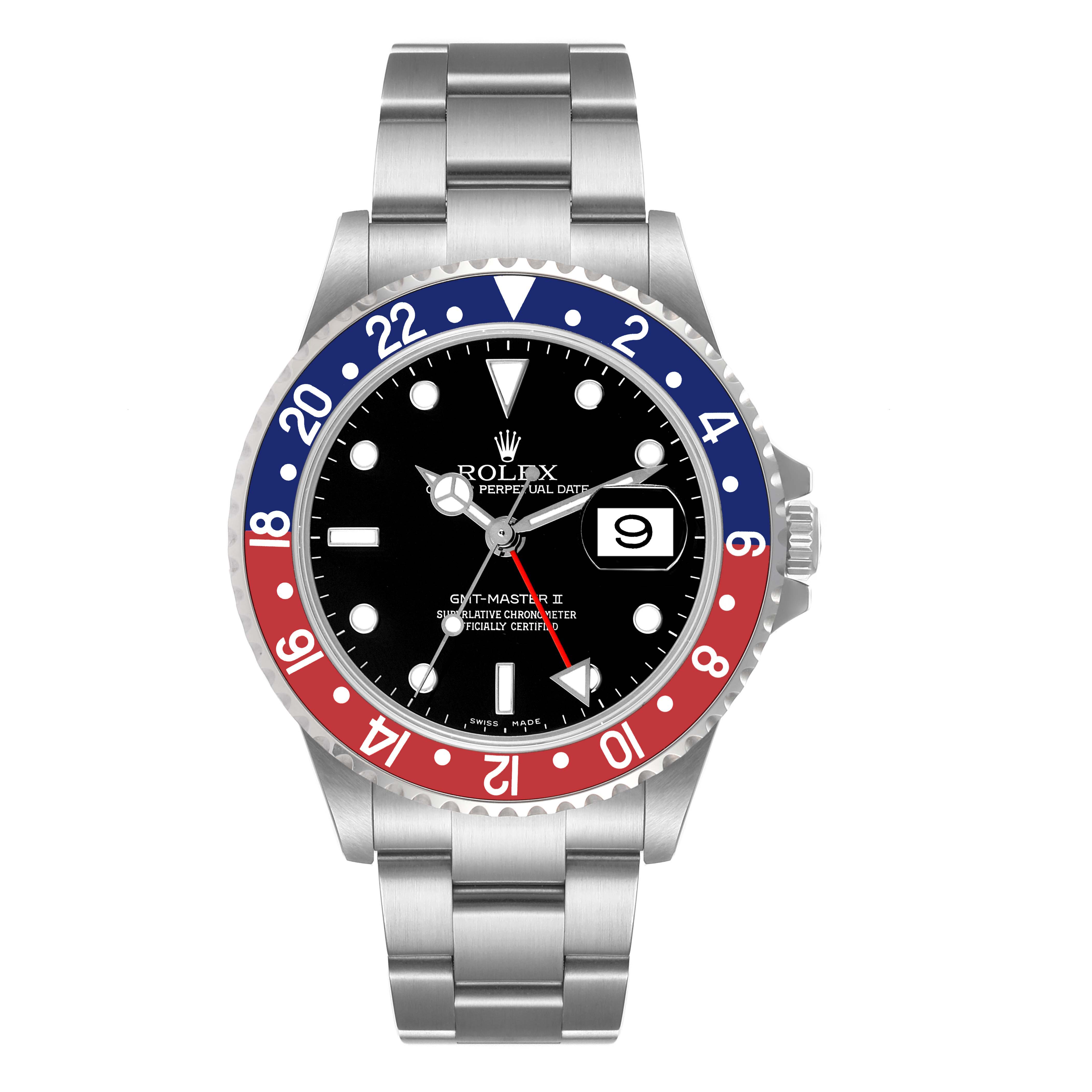 The Rolex GMT-Master 16710 Men's Stainless Steel Black Dial 16710 Men's Stainless Steel Black Dial watch is shown from a front angle, displaying the dial, bezel, and stainless steel bracelet.