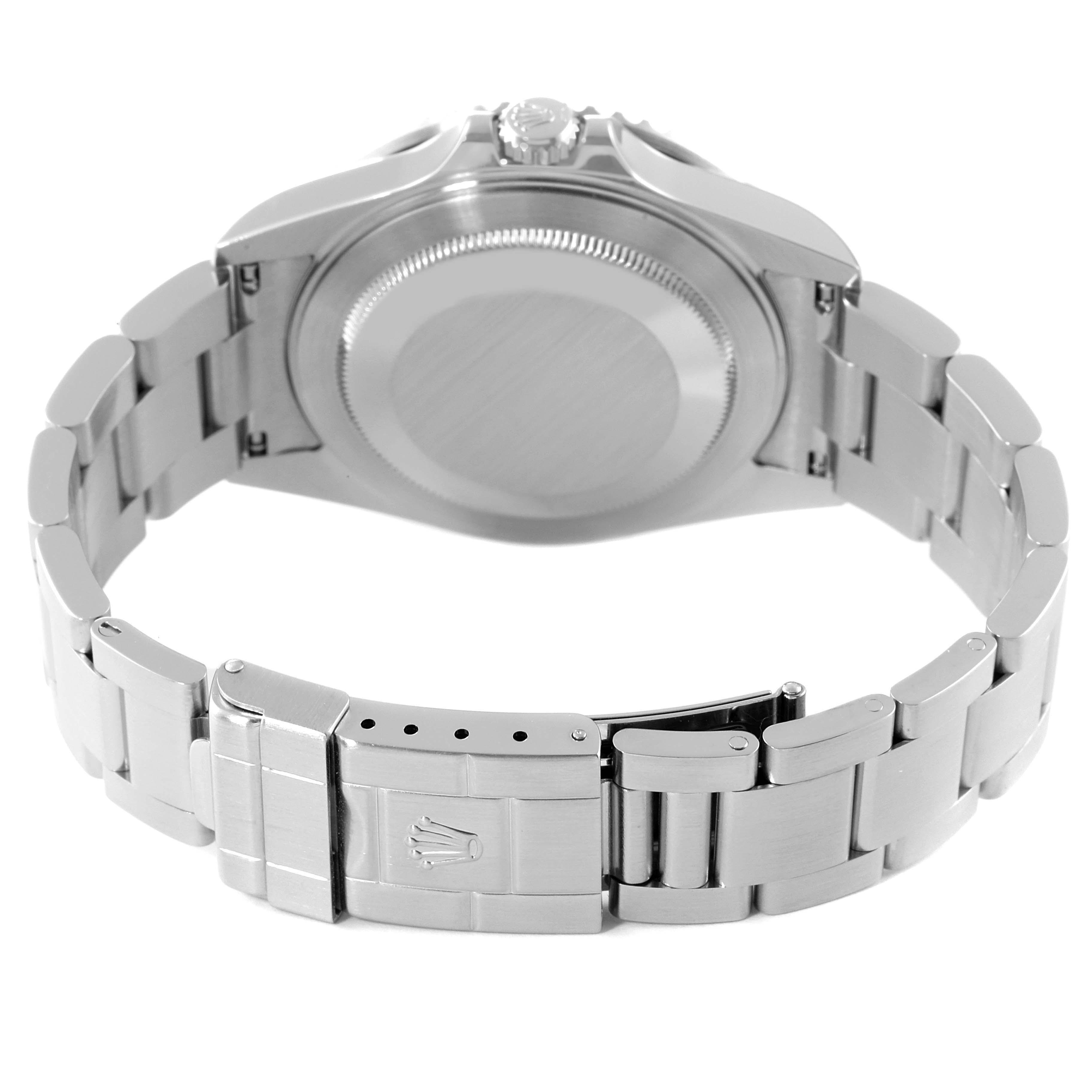 The image shows the back view of a Rolex GMT-Master 16710 Men's Stainless Steel Black Dial 16710 Men's Stainless Steel Black Dial watch, highlighting its case back, crown, and metal bracelet with clasp.