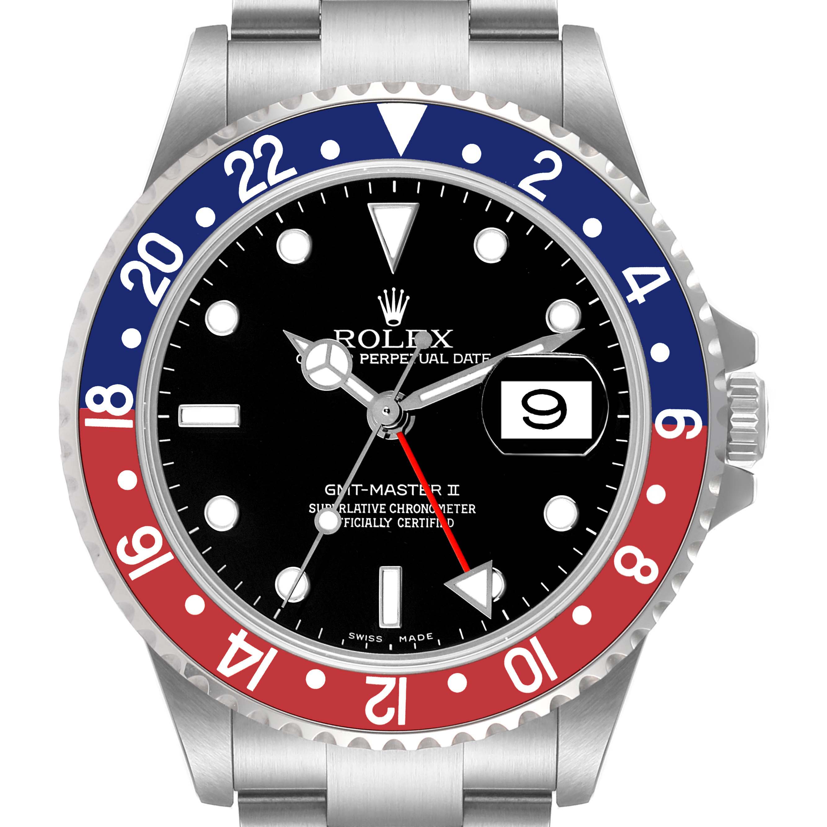 This image shows a Rolex GMT-Master 16710 Men's Stainless Steel Black Dial 16710 Men's Stainless Steel Black Dial II watch from a front angle, highlighting the dial, bezel, and bracelet.