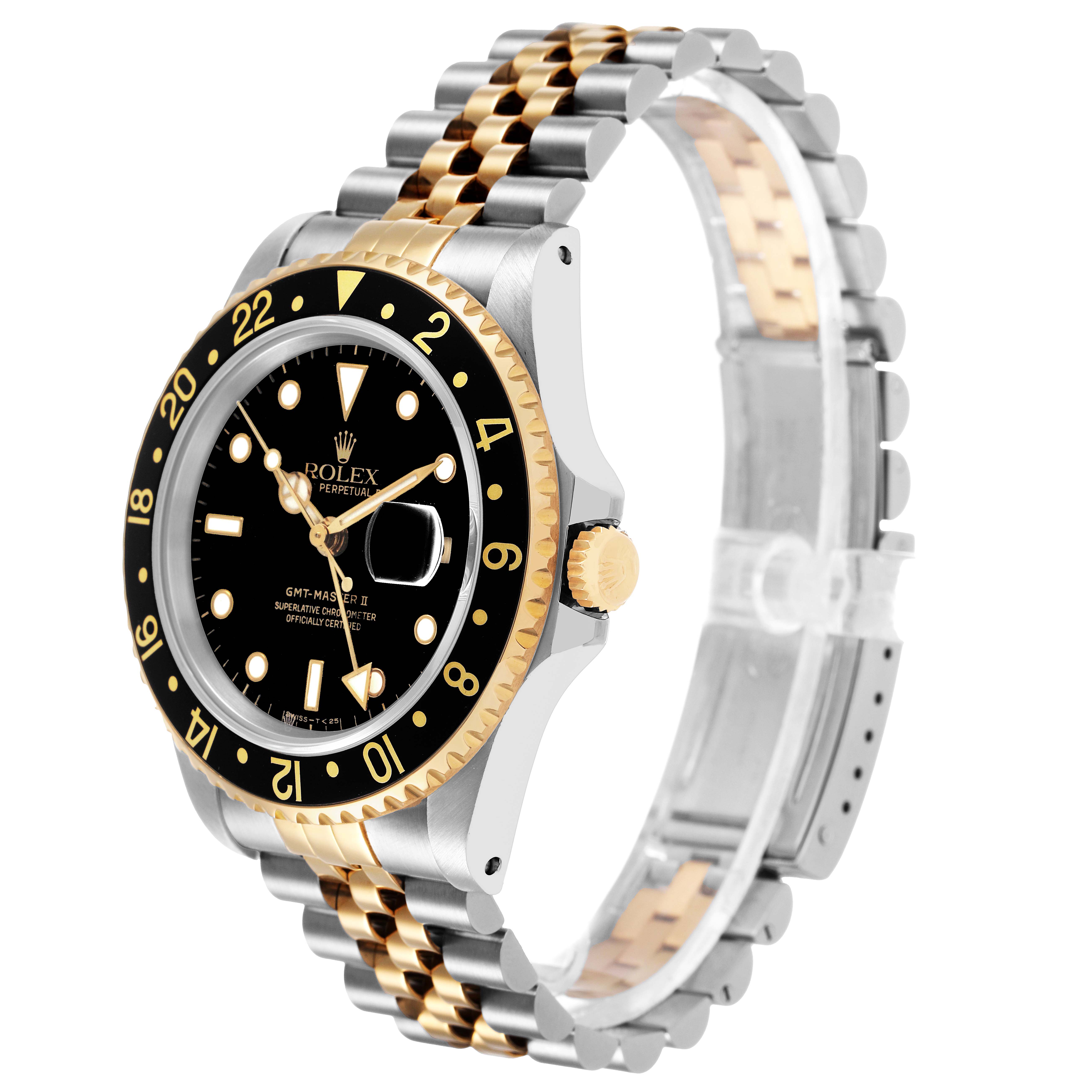 The Rolex GMT-Master 16713 Men's Steel and Gold (two tone) Black Dial watch is shown at an angle highlighting its bezel, crown, and two-tone bracelet.