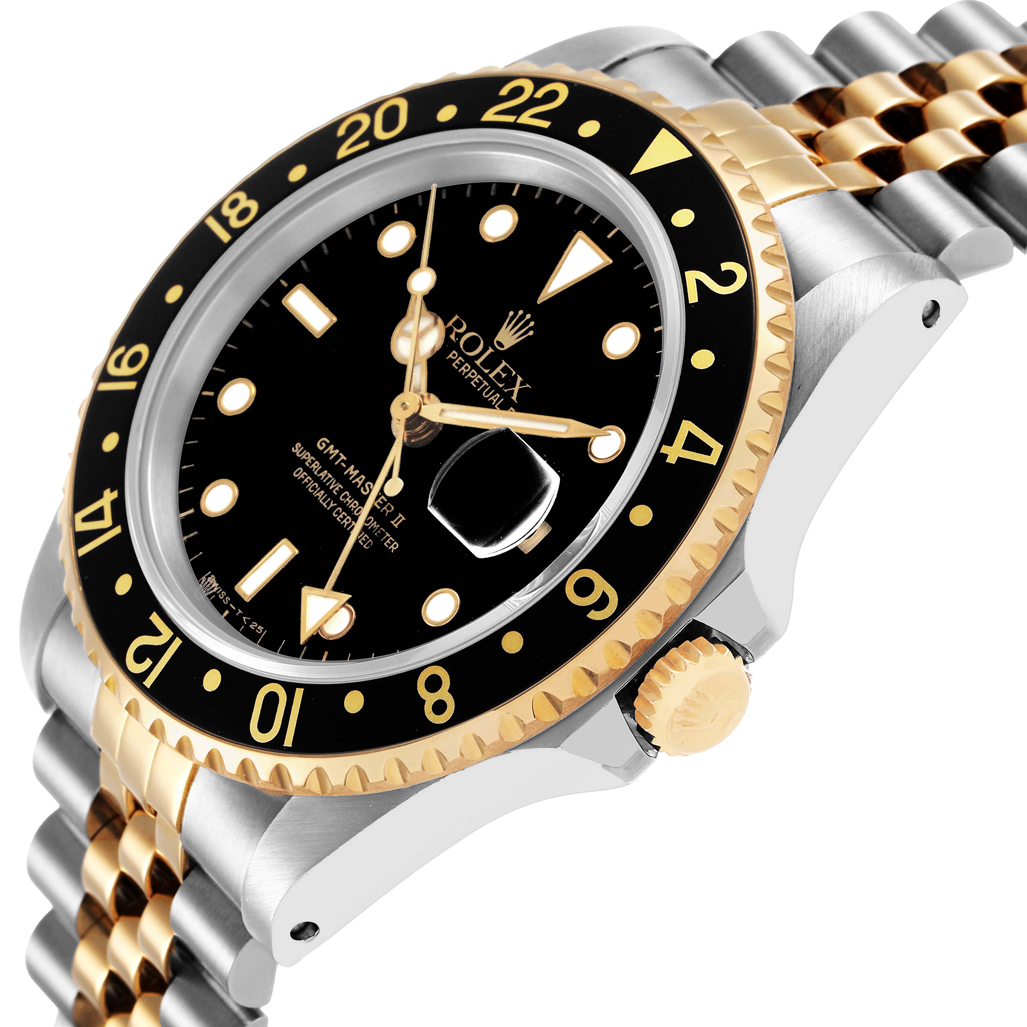The Rolex GMT-Master 16713 Men's Steel and Gold (two tone) Black Dial watch is shown at an angle highlighting the bezel, dial, crown, and part of the bracelet.