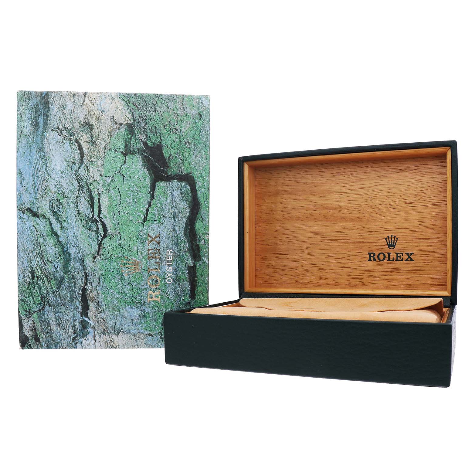 The image shows the open box and sleeve packaging for the Rolex GMT-Master 16713 Men's Steel and Gold (two tone) Black Dial, displaying the lid's interior and exterior design.