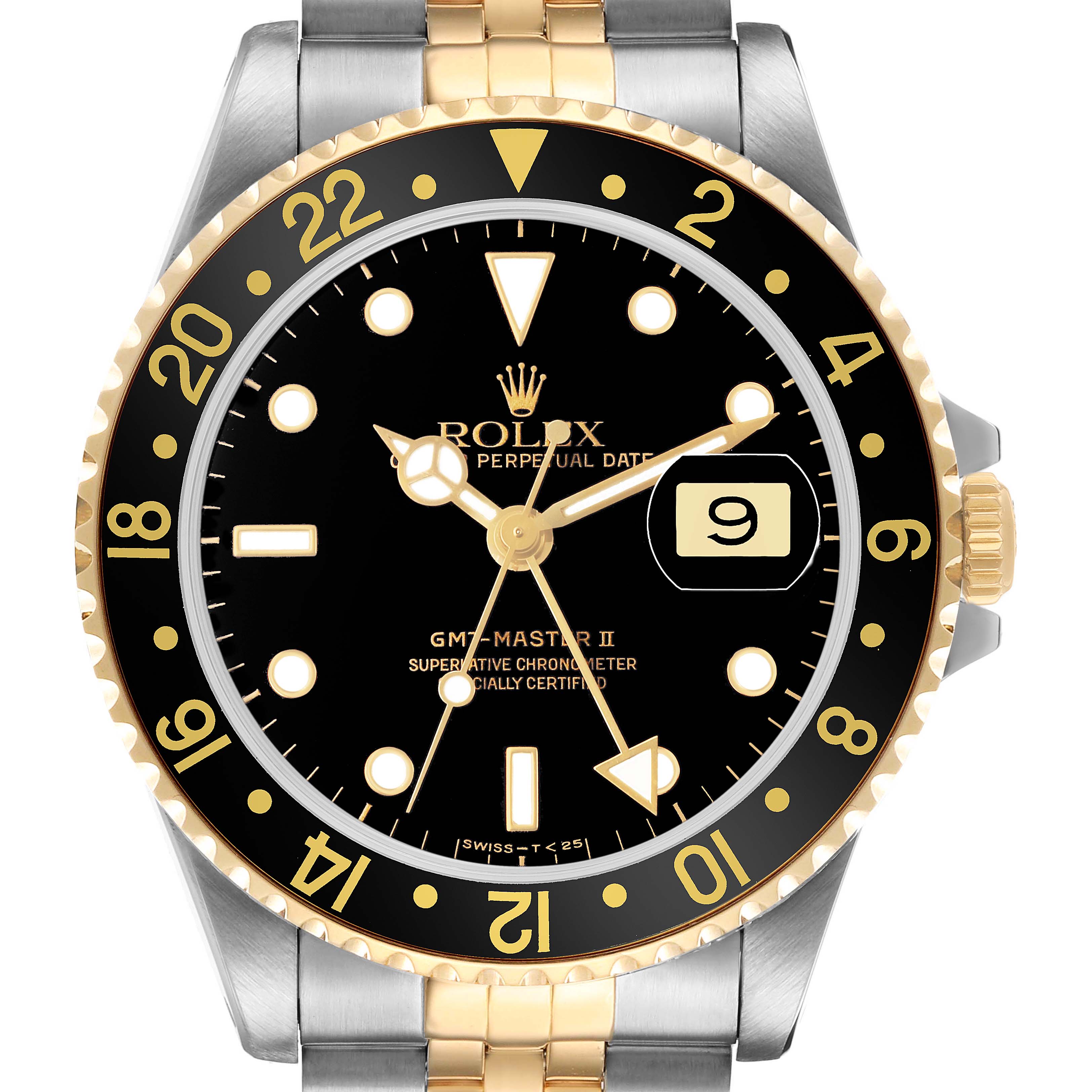 The image shows a front view of the Rolex GMT-Master 16713 Men's Steel and Gold (two tone) Black Dial II watch, highlighting the bezel, dial, hands, and bracelet.