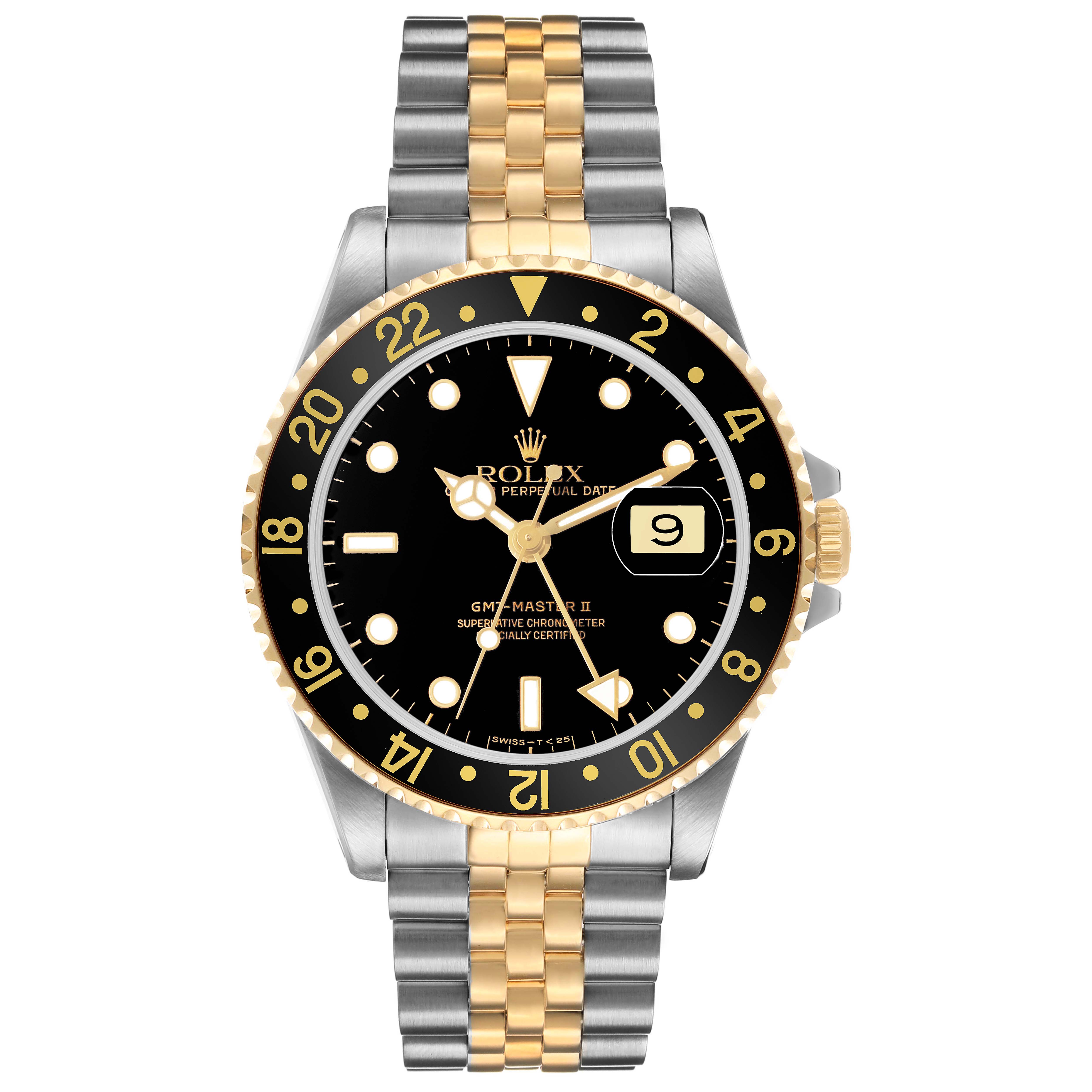 The Rolex GMT-Master 16713 Men's Steel and Gold (two tone) Black Dial model is shown from a front angle, highlighting the bezel, dial, bracelet, and date window.