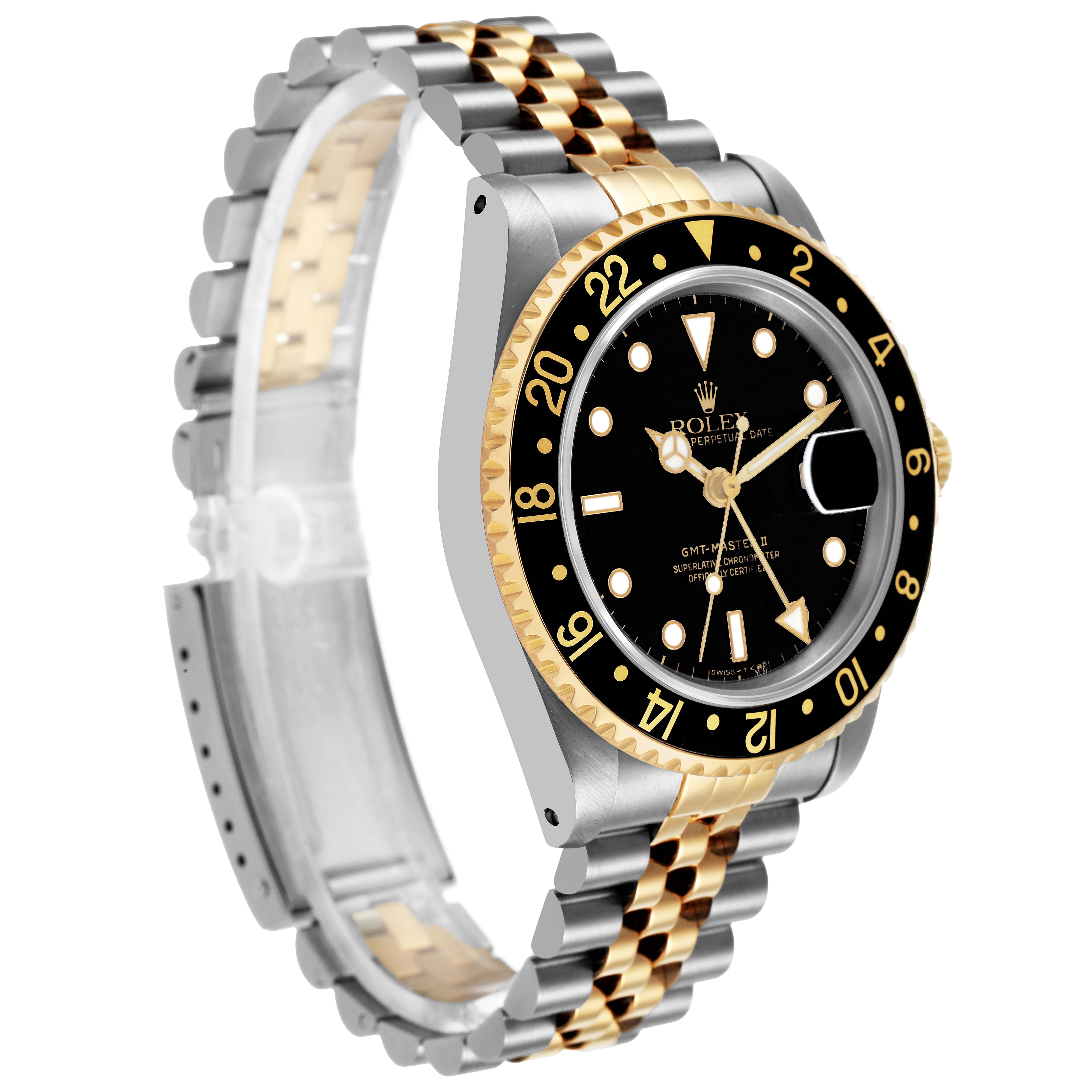 The Rolex GMT-Master 16713 Men's Steel and Gold (two tone) Black Dial watch is shown from a three-quarter side angle, highlighting its gold and silver case, bezel, and bracelet.