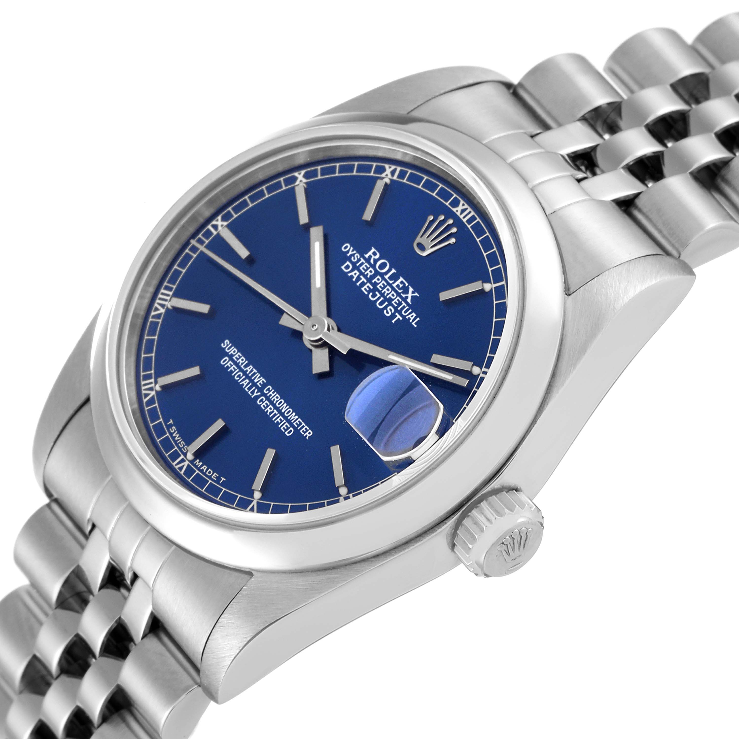 The Rolex Mid-Size 68240 Women
s Stainless Steel Blue Dial 68240 Women
s Stainless Steel Blue Dial model is shown from an angled view, displaying the bracelet, watch face, bezel, and crown.