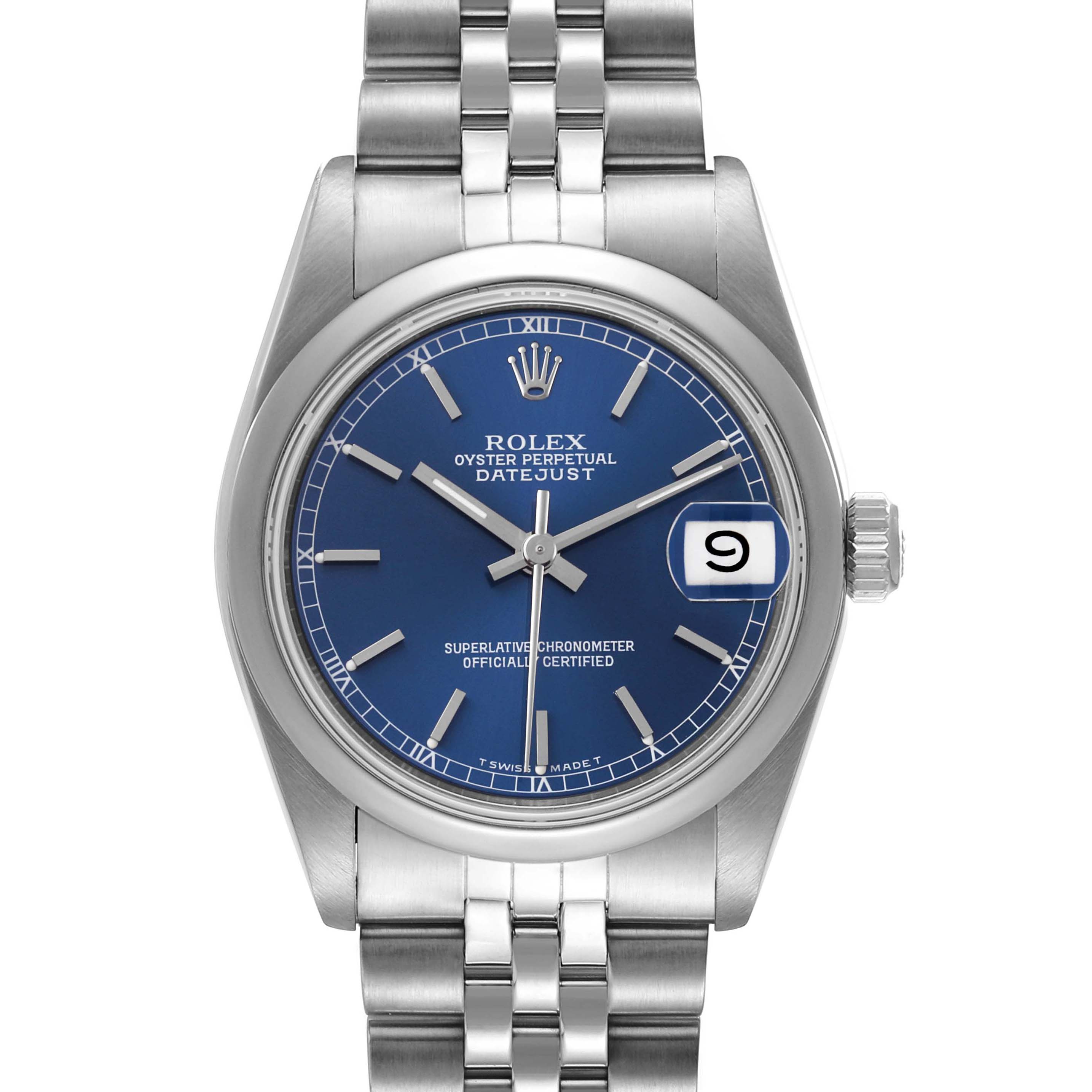 The image shows a front view of the Rolex Datejust Mid-Size watch with a blue dial and stainless steel Jubilee bracelet.