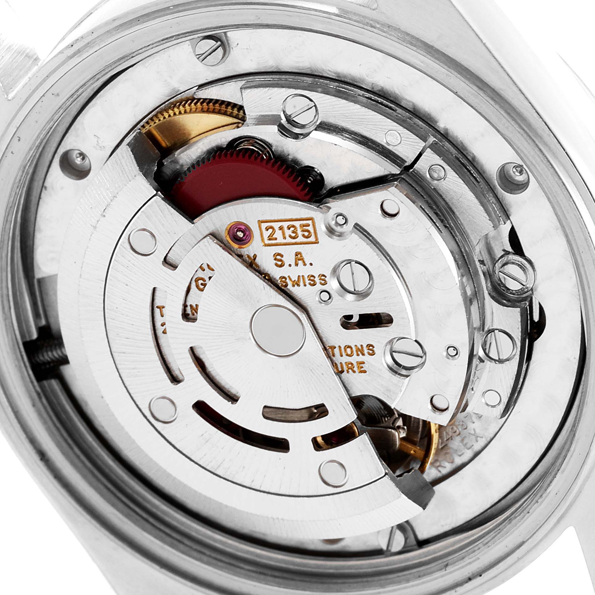 The image shows a close-up view of the internal movement mechanism of a Rolex Mid-Size 68240 Women
s Stainless Steel Blue Dial 68240 Women
s Stainless Steel Blue Dial model watch.