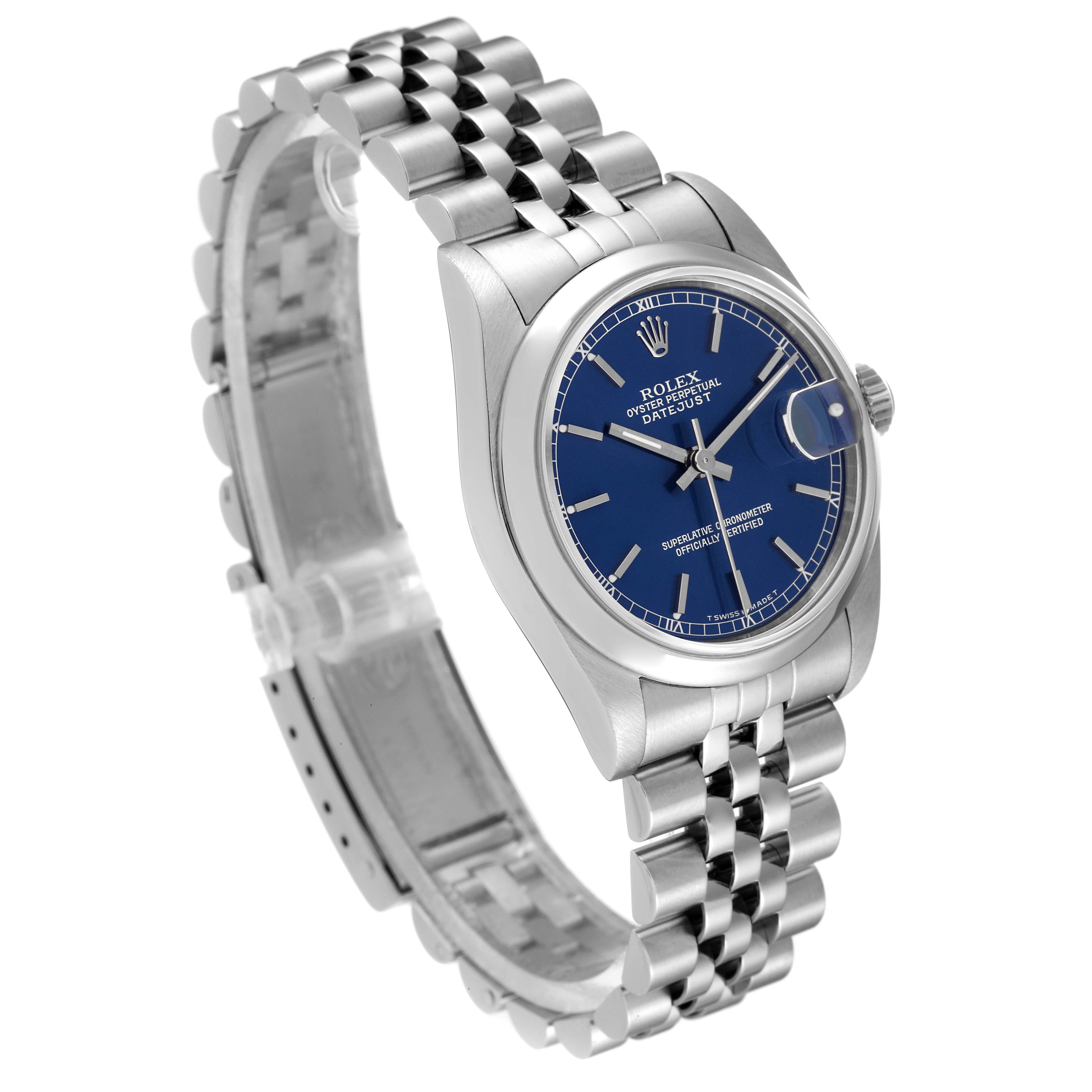 The image shows a Rolex Mid-Size 68240 Women
s Stainless Steel Blue Dial 68240 Women
s Stainless Steel Blue Dial watch with a blue dial and a stainless steel bracelet, angled slightly from the front.