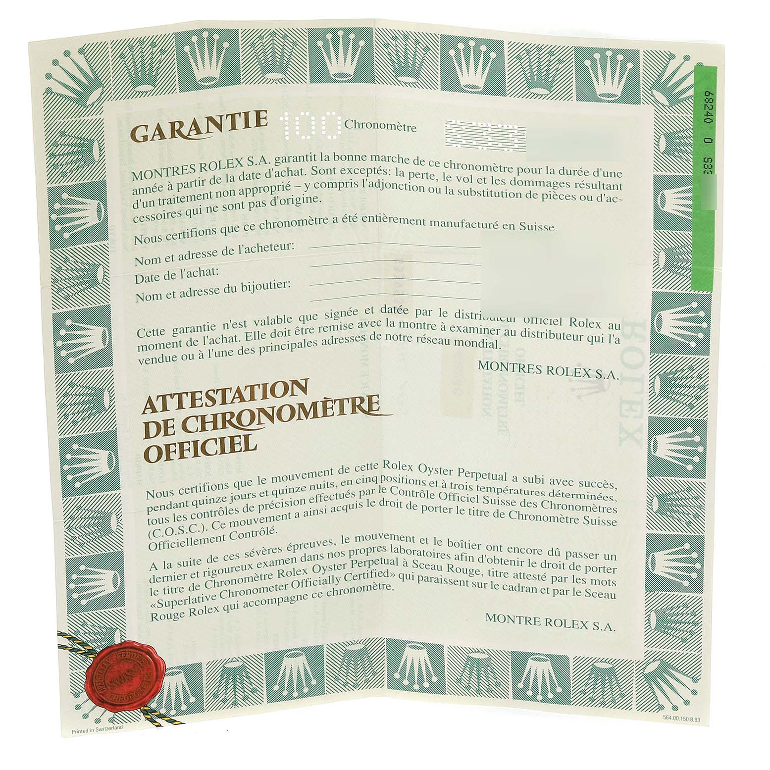 The image shows the official chronometer certification and guarantee for a Mid-Size Rolex watch.