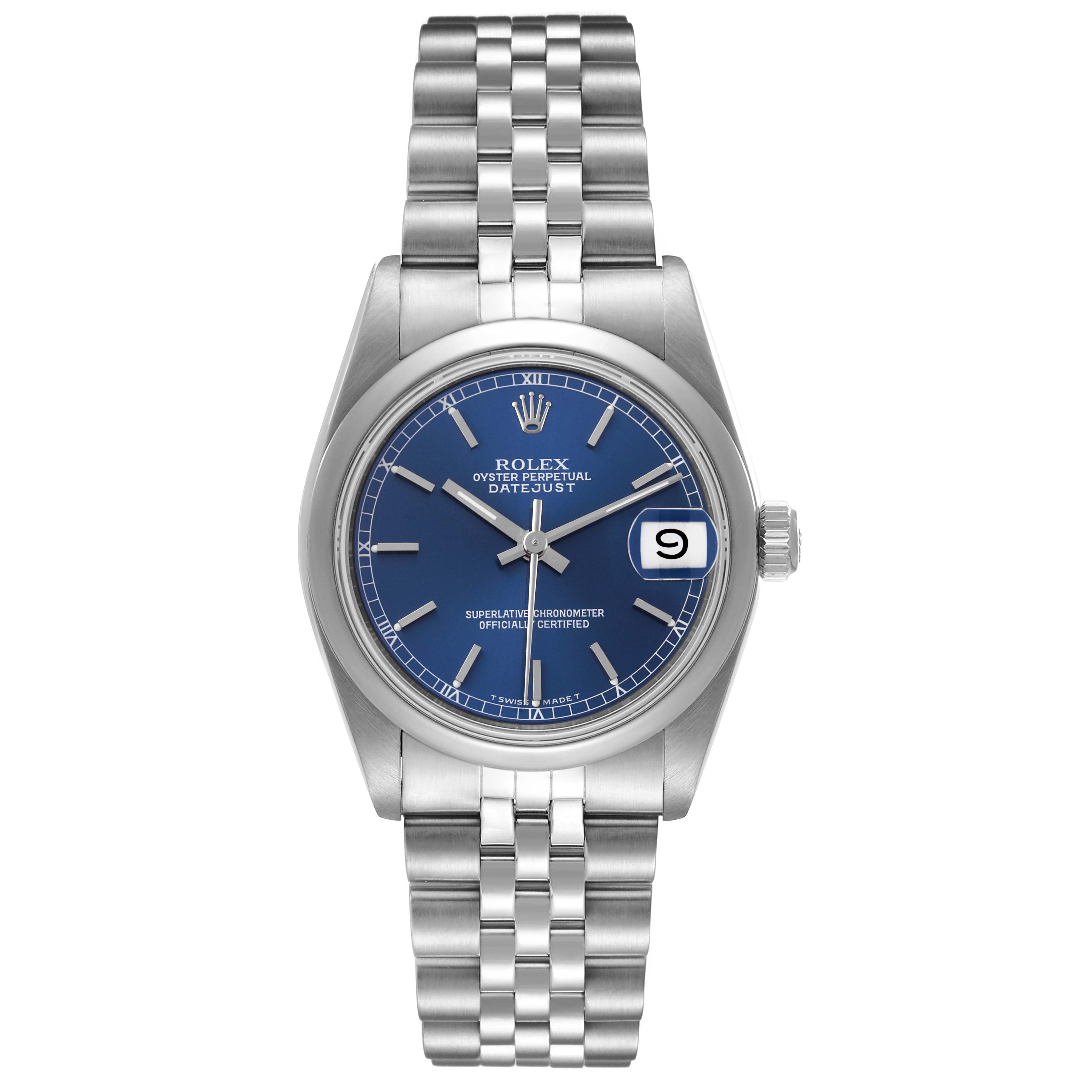 This is a front view of a Rolex Mid-Size 68240 Women
s Stainless Steel Blue Dial 68240 Women
s Stainless Steel Blue Dial Oyster Perpetual Datejust watch showing the blue dial, bracelet, and date window.