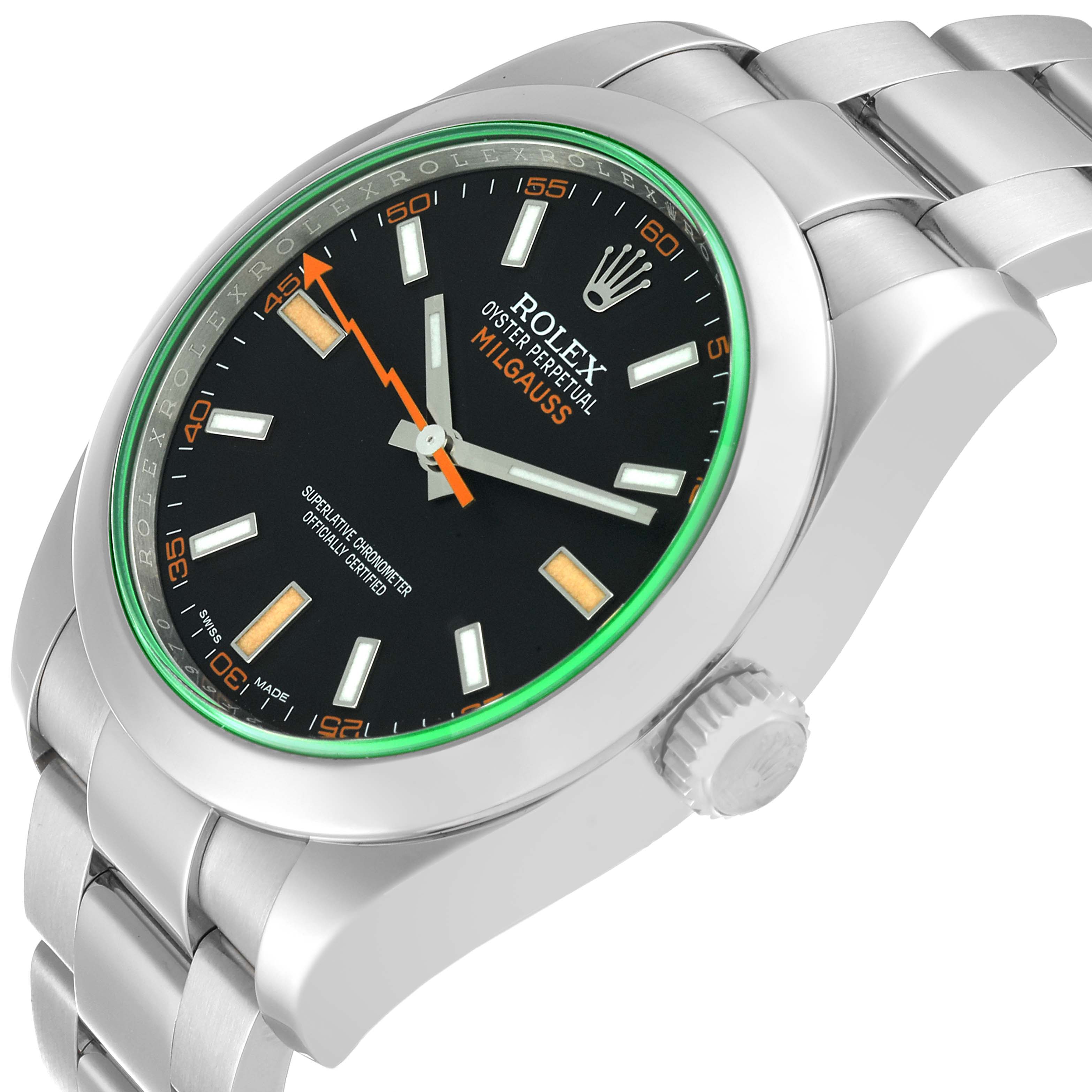 This image shows a side angle of the Rolex Milgauss 116400 Men's Stainless Steel Black Dial 116400 Men's Stainless Steel Black Dial watch, highlighting the dial, crystal, bezel, case, and part of the bracelet.