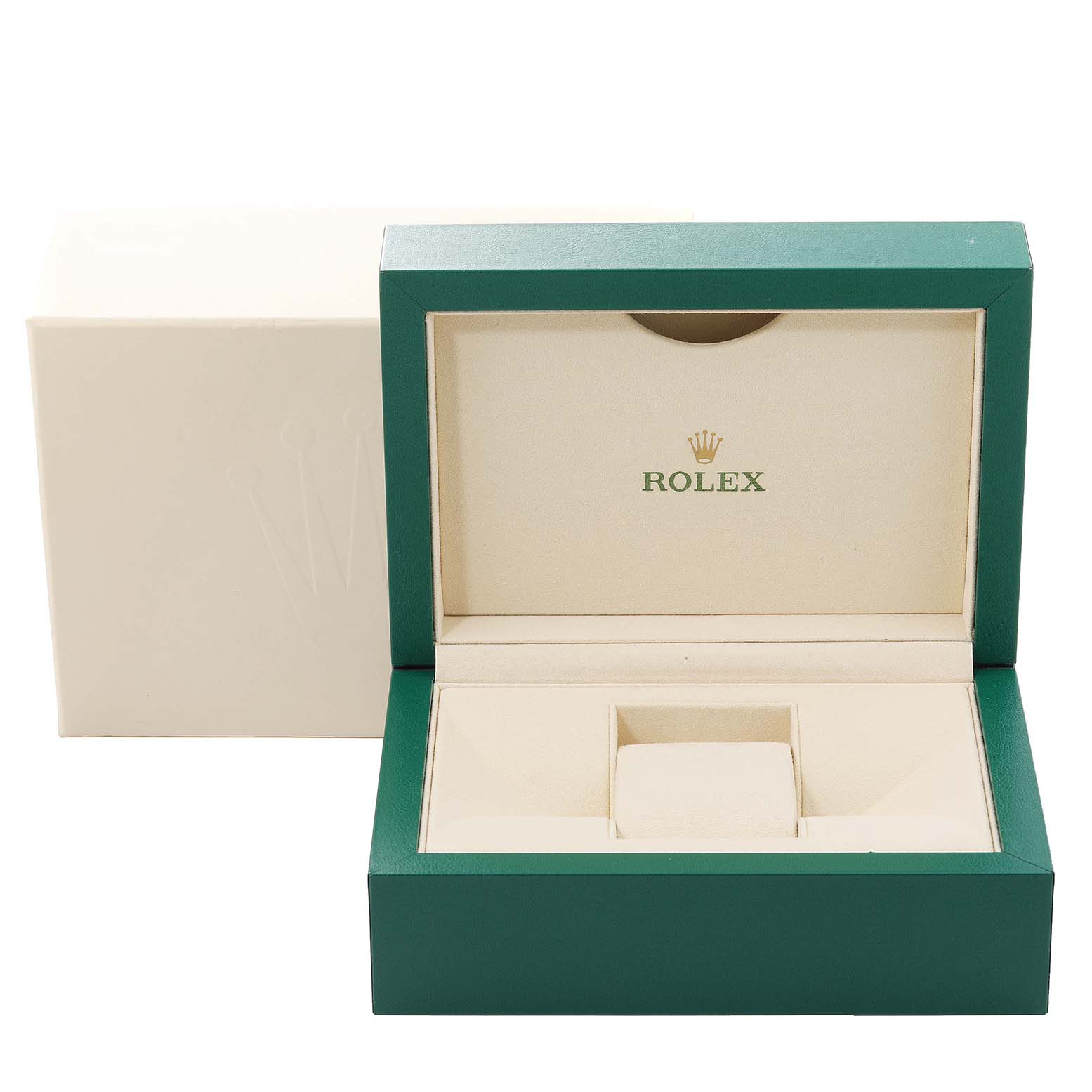 This image shows an opened Rolex Milgauss 116400 Men's Stainless Steel Black Dial 116400 Men's Stainless Steel Black Dial watch box with green exterior and cream interior.
