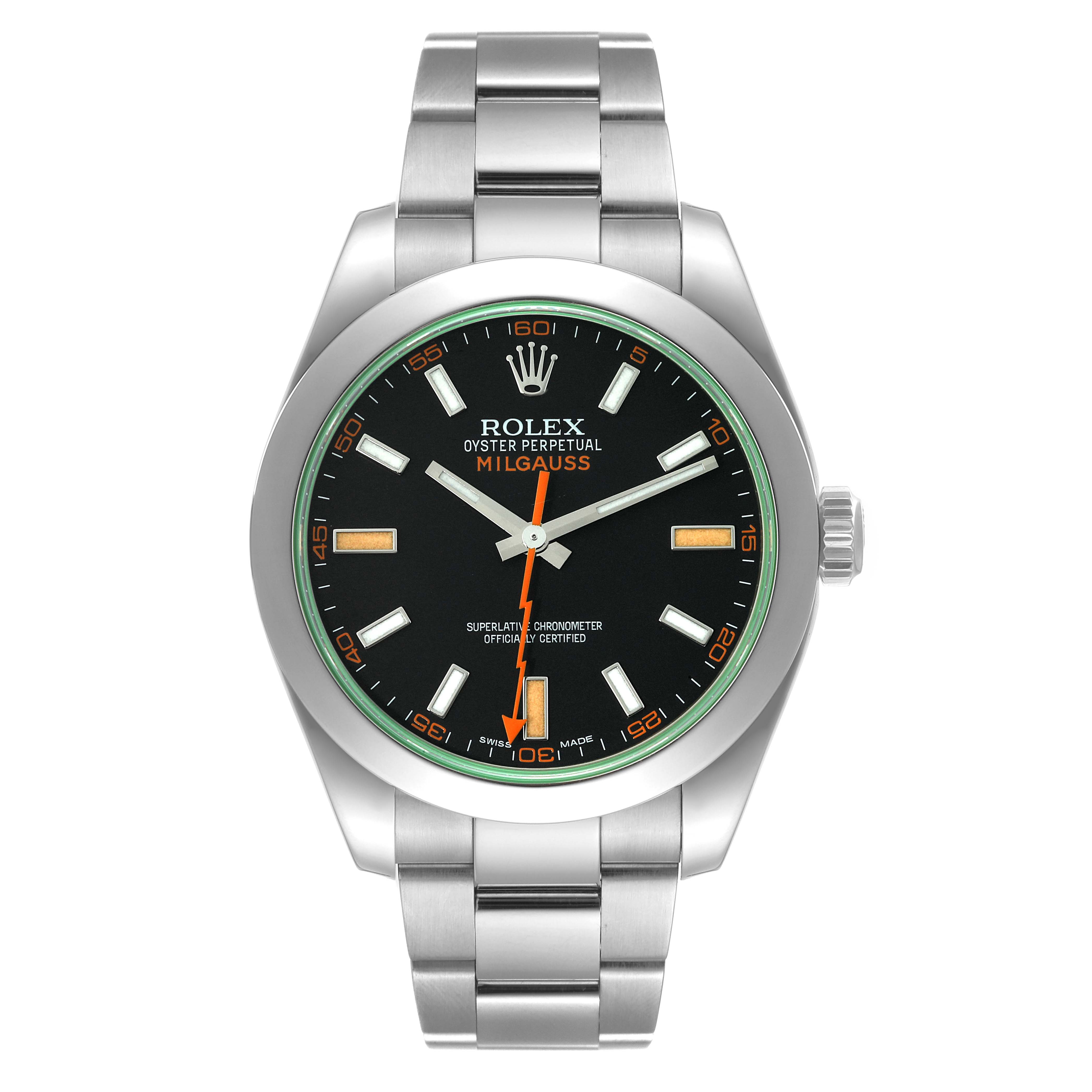 The image displays a front view of the Rolex Milgauss 116400 Men's Stainless Steel Black Dial 116400 Men's Stainless Steel Black Dial watch, showcasing its face, bezel, and bracelet.